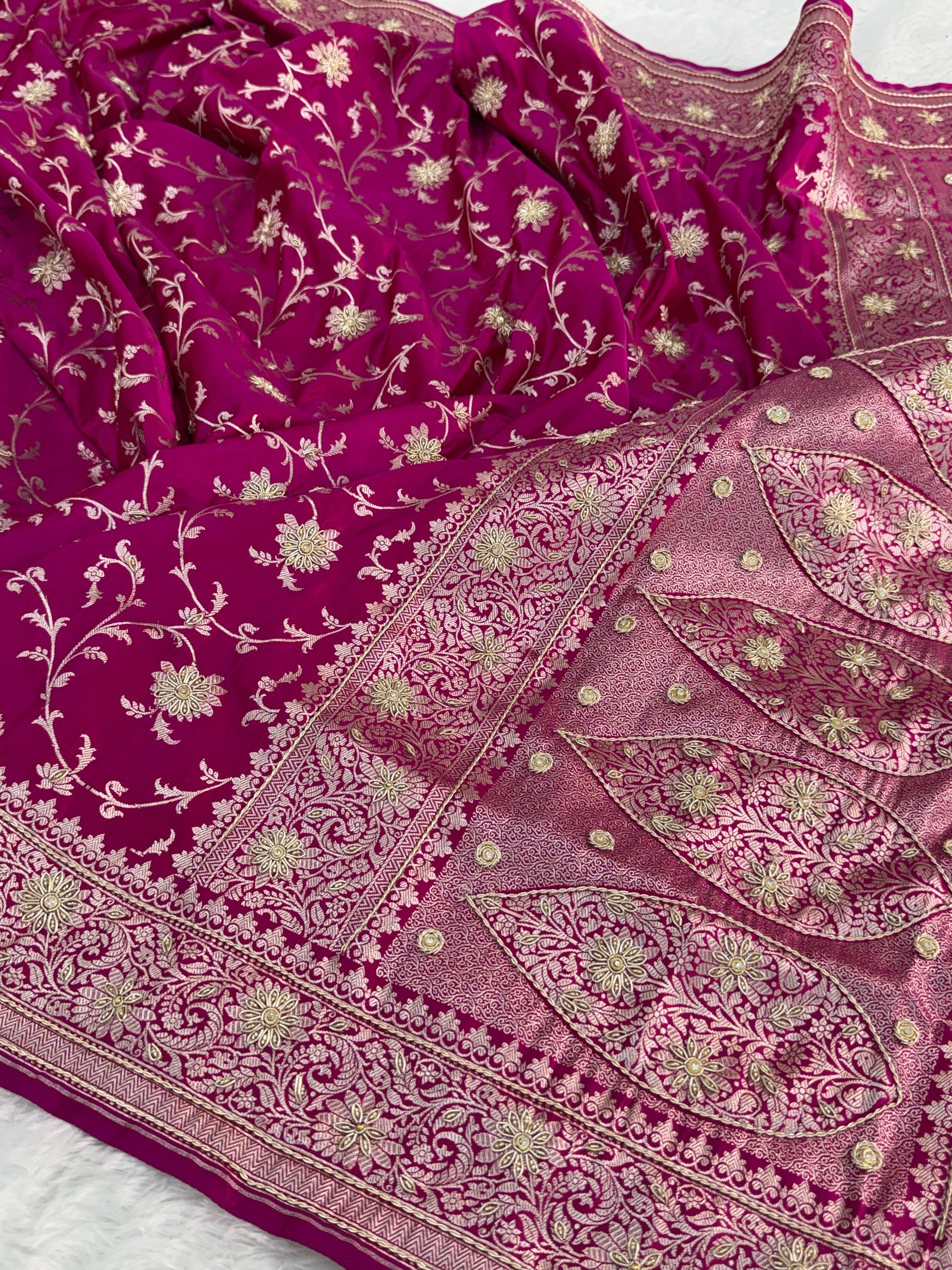 Mashru Bridal saree in Rani color shade with Art of handwork