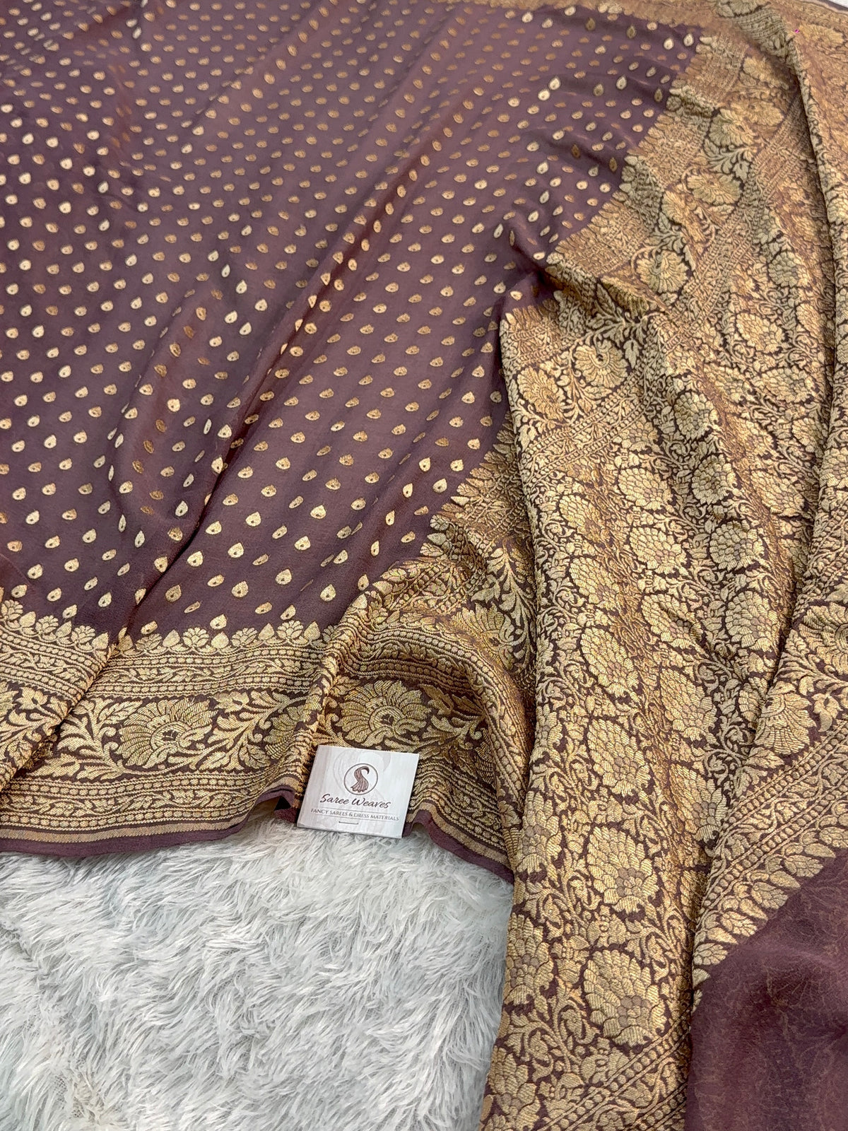 Banarasi Pure Khaddi Chiffon Saree in Border and Buti Design in Deep Purple Colour