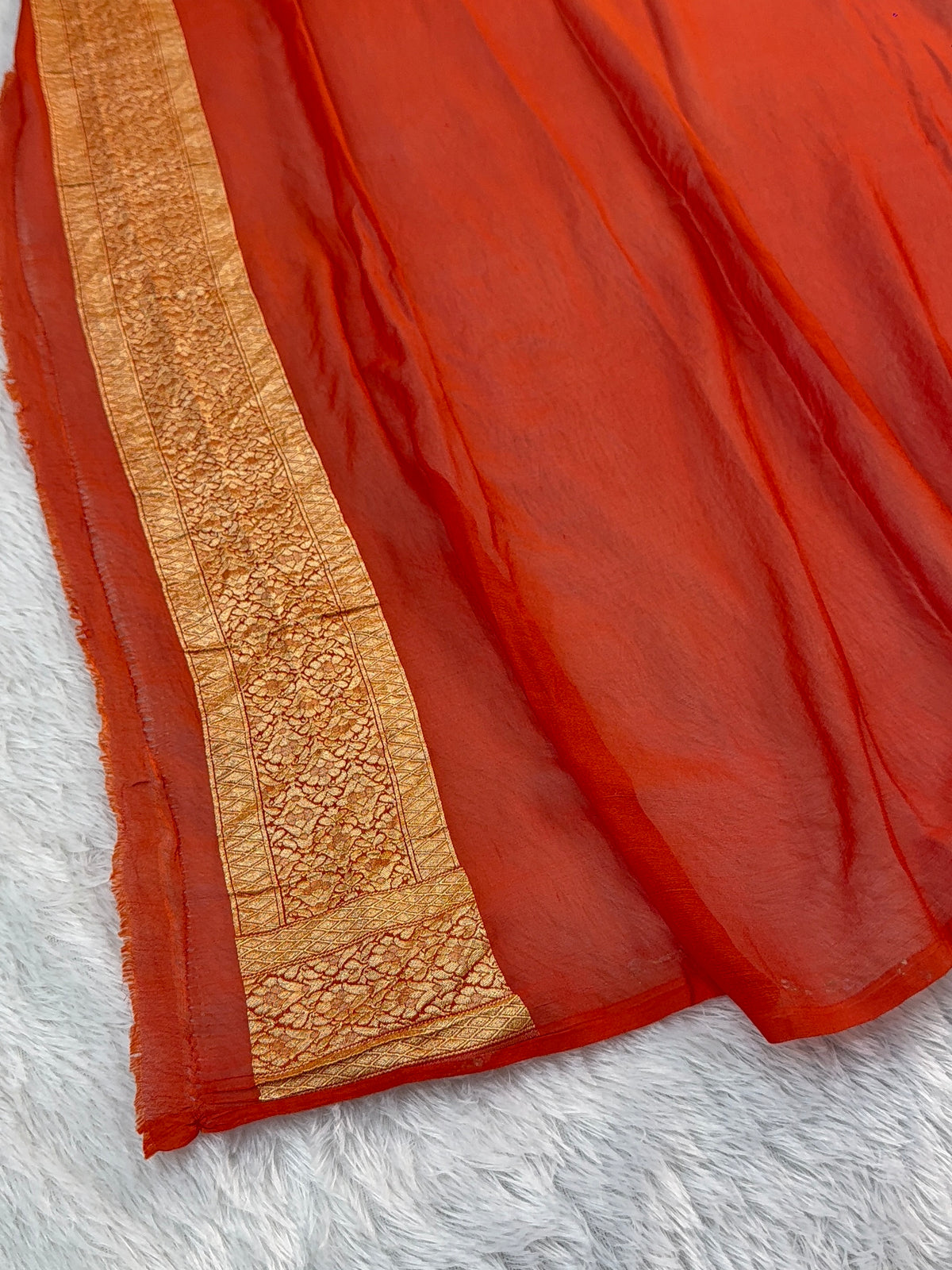Banarasi Pure Khaddi Chiffon Saree with Meenakari Geometrical Jaal Design in Orange Colour