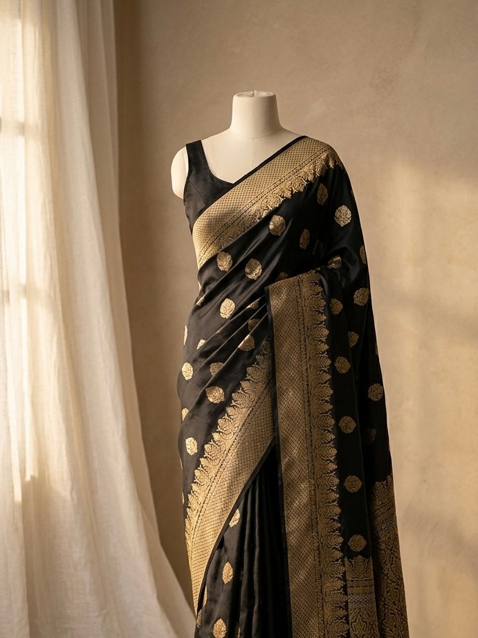 Banarasi Raw Mango Silk Saree with Satin Border and Buta Design In Black Colour
