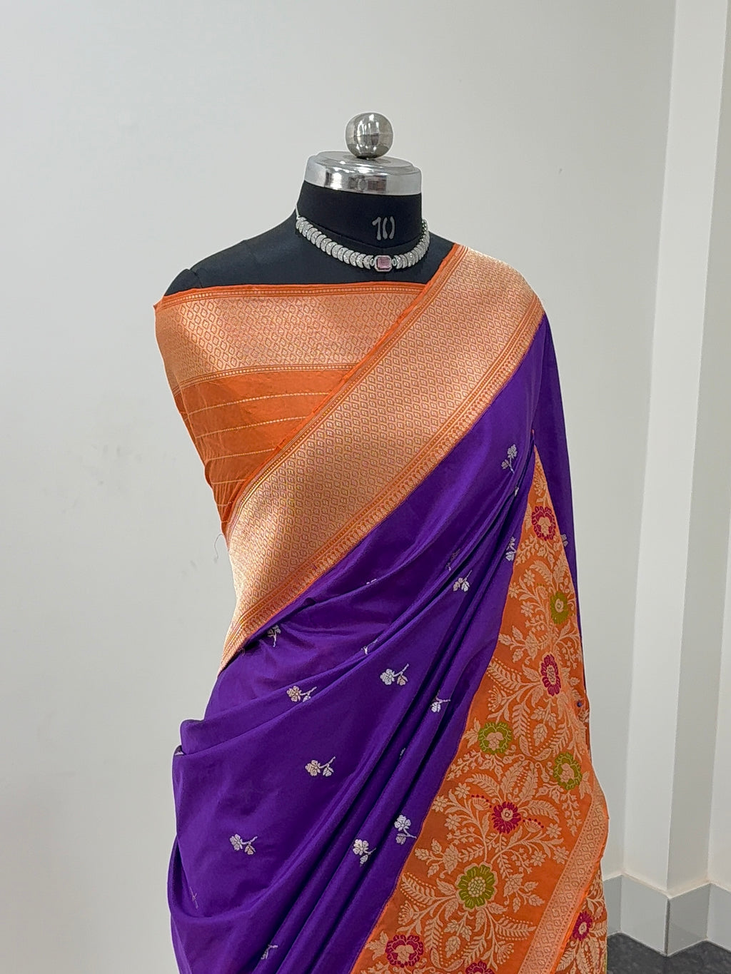 Handwoven pure Katan Silk Saree in Purple Colour in Motifs design With Saperatively Woven Contrast Border with Meenakari Jaal Design in Orange Colour