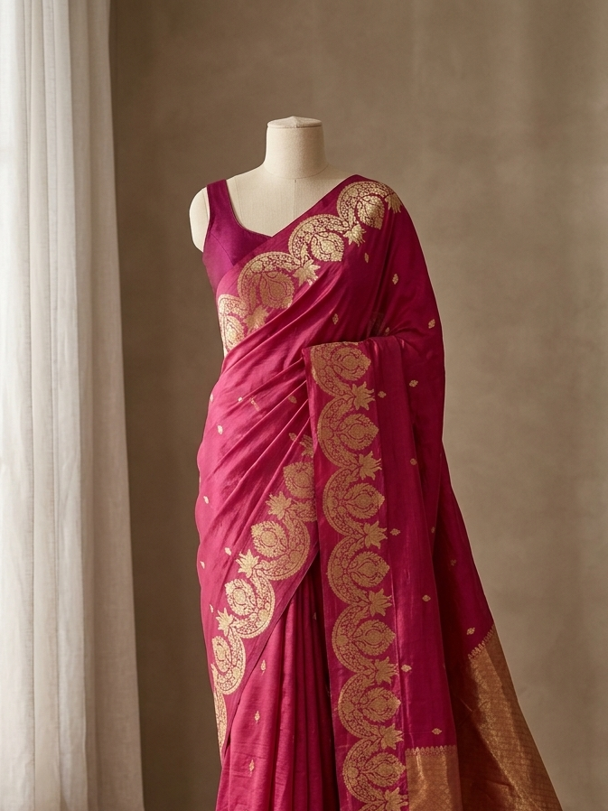Banarasi Raw Mango Silk Saree in Border and Buti Design in Gold Zari work in Dusty Pink