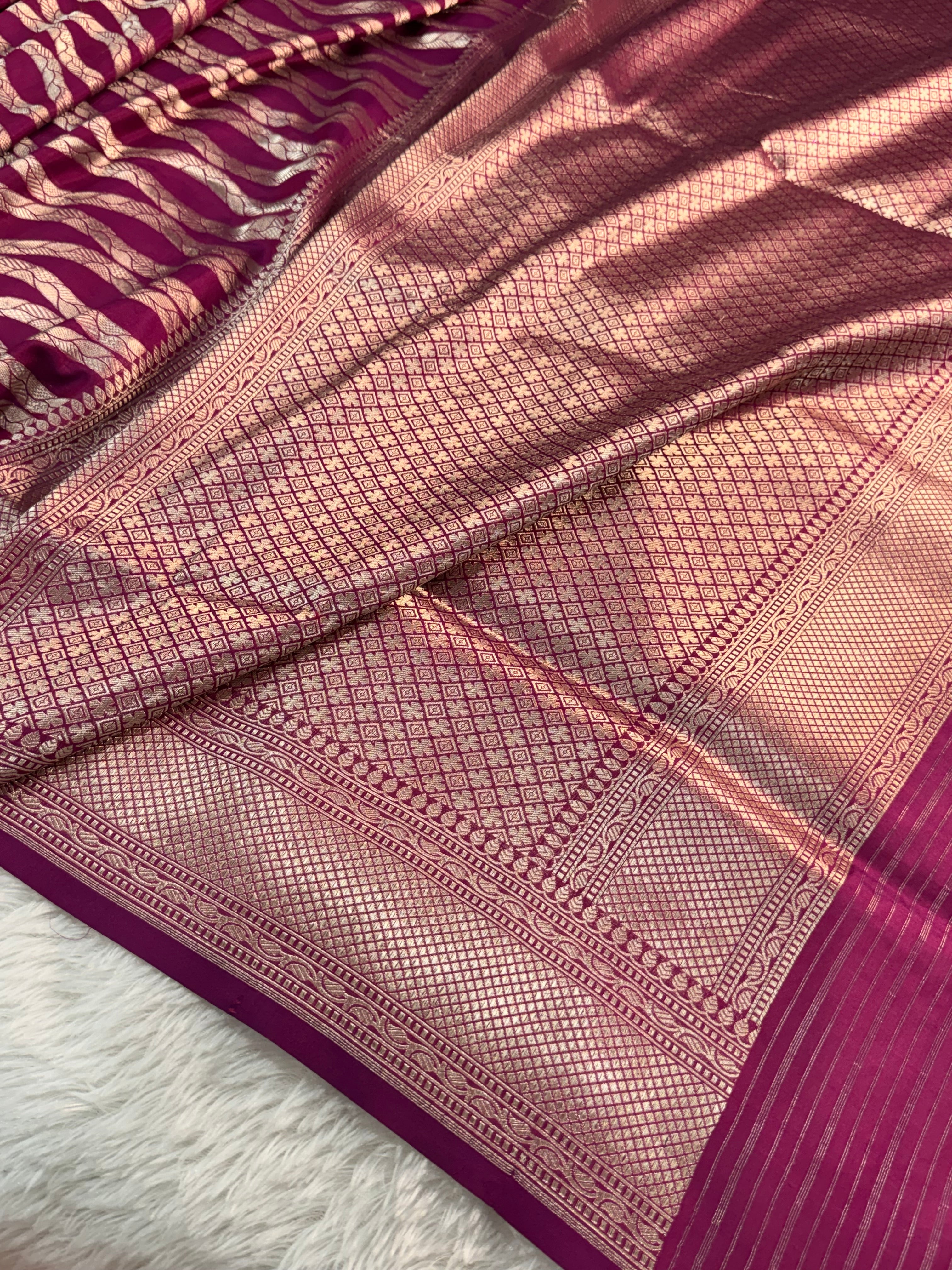 Banarasi pure katan silk saree in wine color with vertical stripes, Light gold Zari coated with pure silver