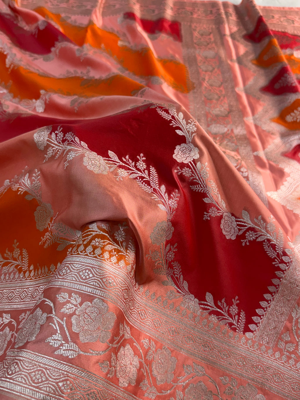 Banarasi mashru silk rangkat saree in aada pattern design in peach, orange, red colour
