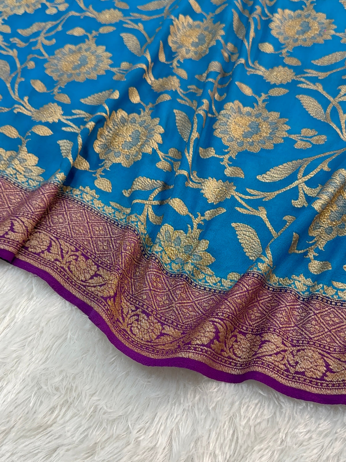 Banarasi Pure Khaddi Chiffon Saree  with Antique Zari Work In Floral Jaal Design in Peacock Blue Colour