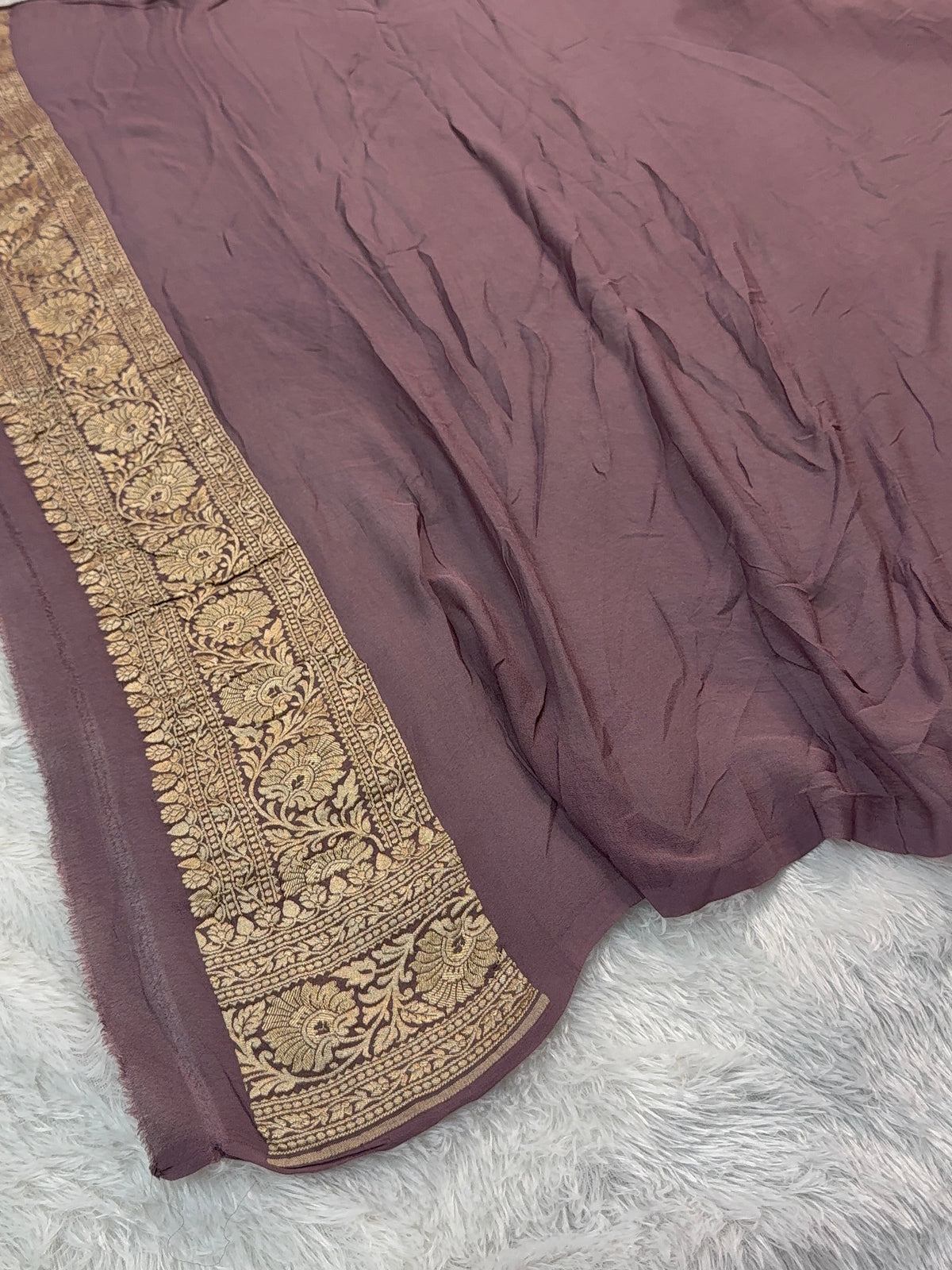 Banarasi Pure Khaddi Chiffon Saree in Border and Buti Design in Deep Purple Colour