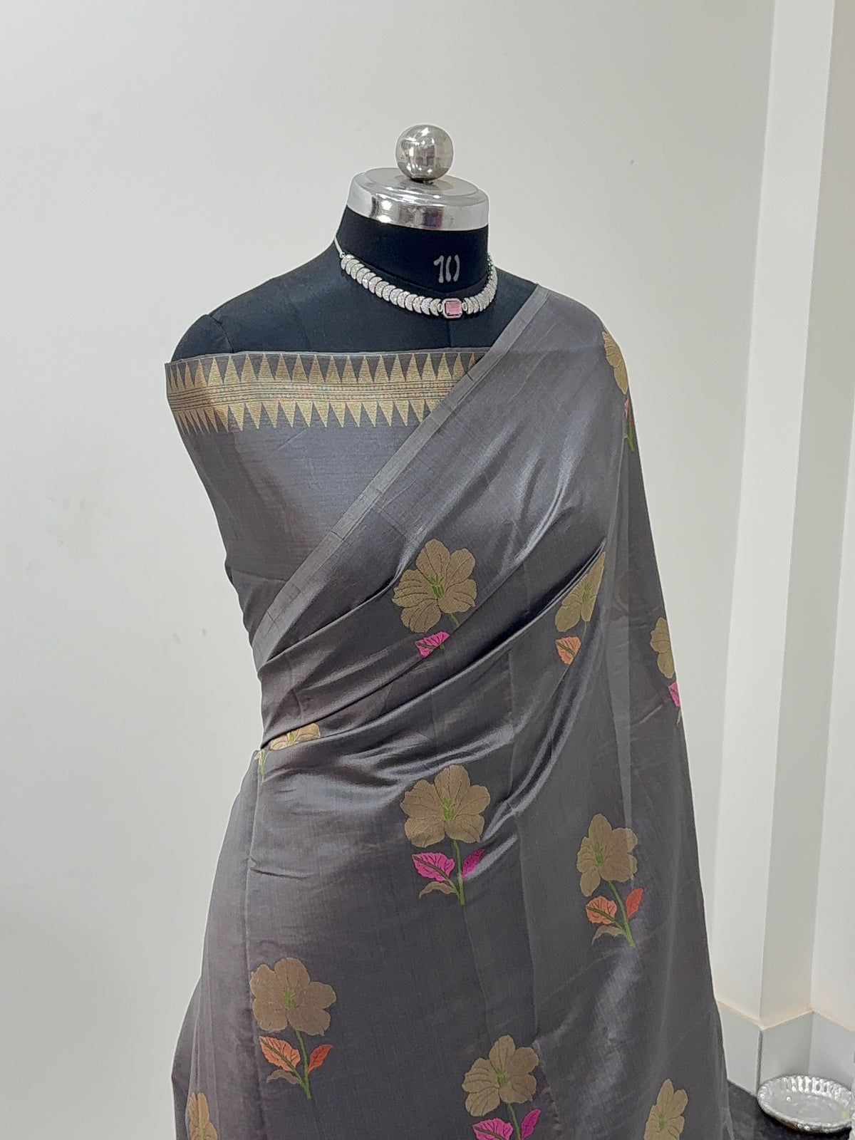 Pure Raw Mango Silk Saree with Meenakari Floral Buta Design in Grey Colour