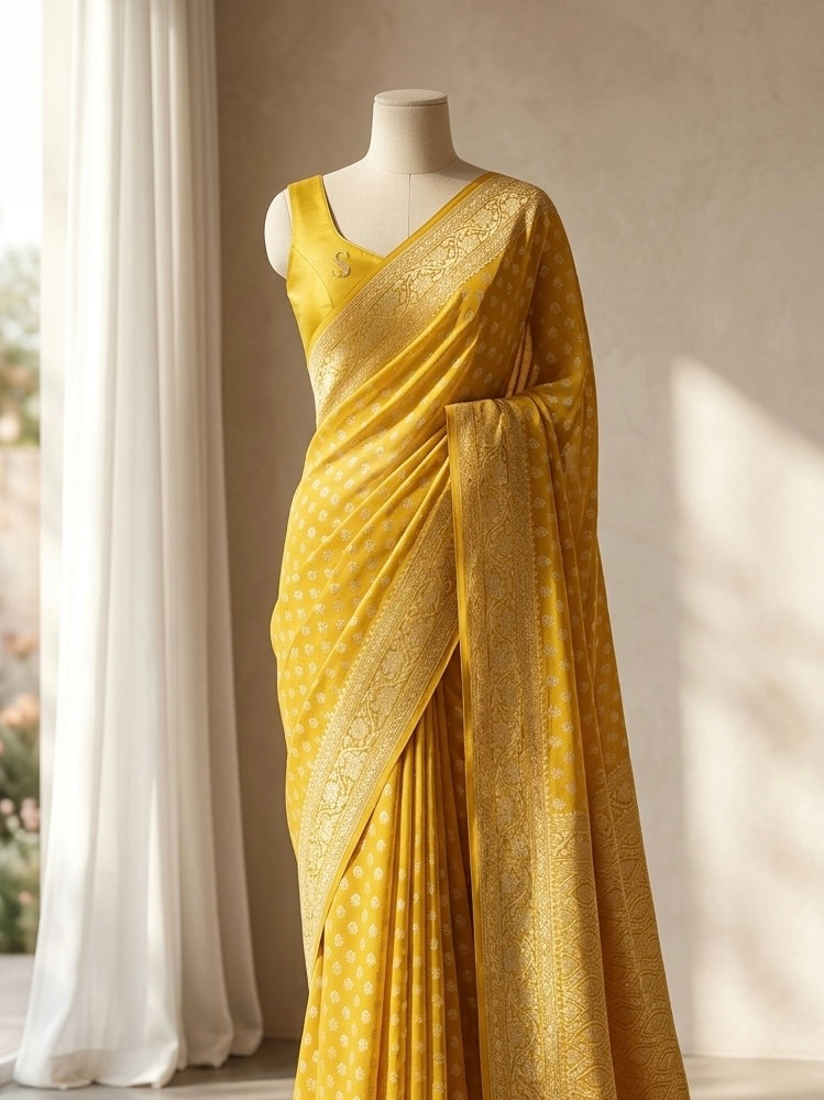 Banarasi Pure Khaddi Chiffon Saree in Border And Buti Design in Mustard Colour