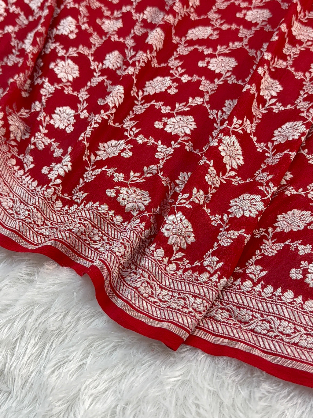 Banarasi Pure Khaddi Chiffon Saree  with Light Gold Zari Work In Floral Jaal Design in Red Colour