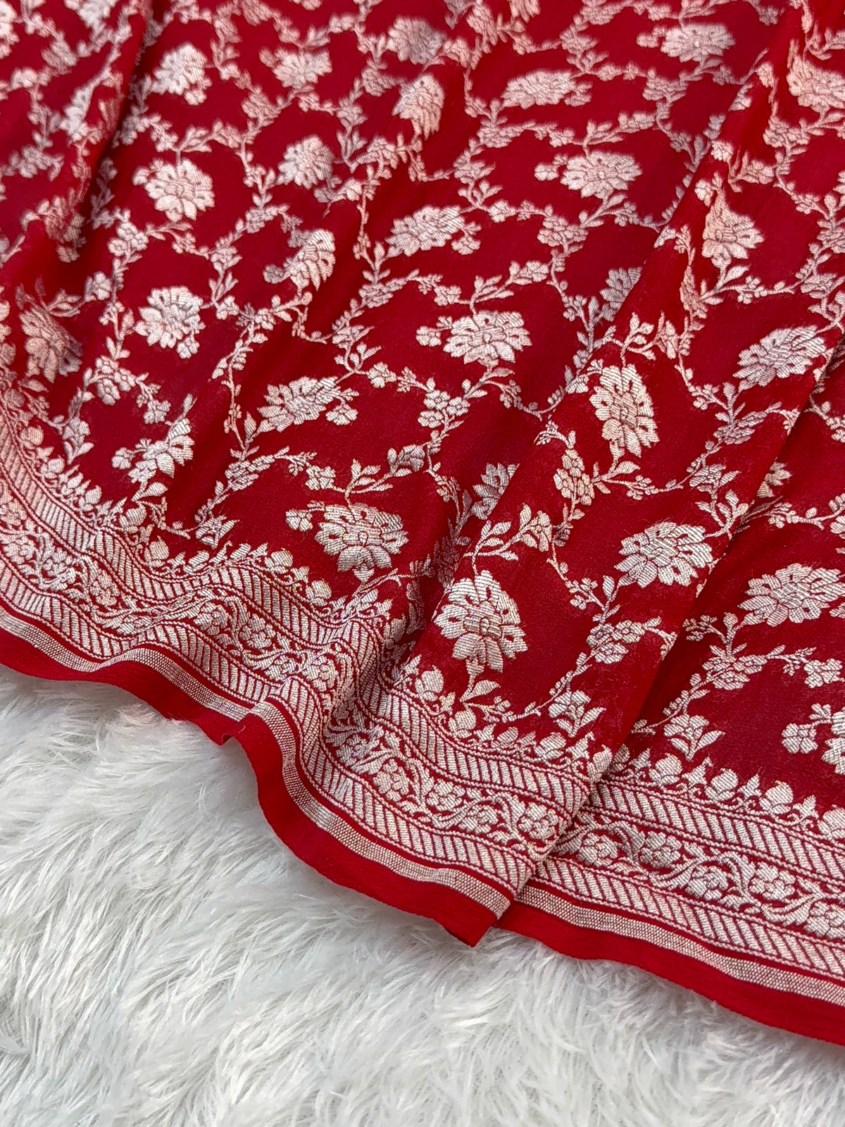 Banarasi Pure Khaddi Chiffon Saree  with Light Gold Zari Work In Floral Jaal Design in Red Colour