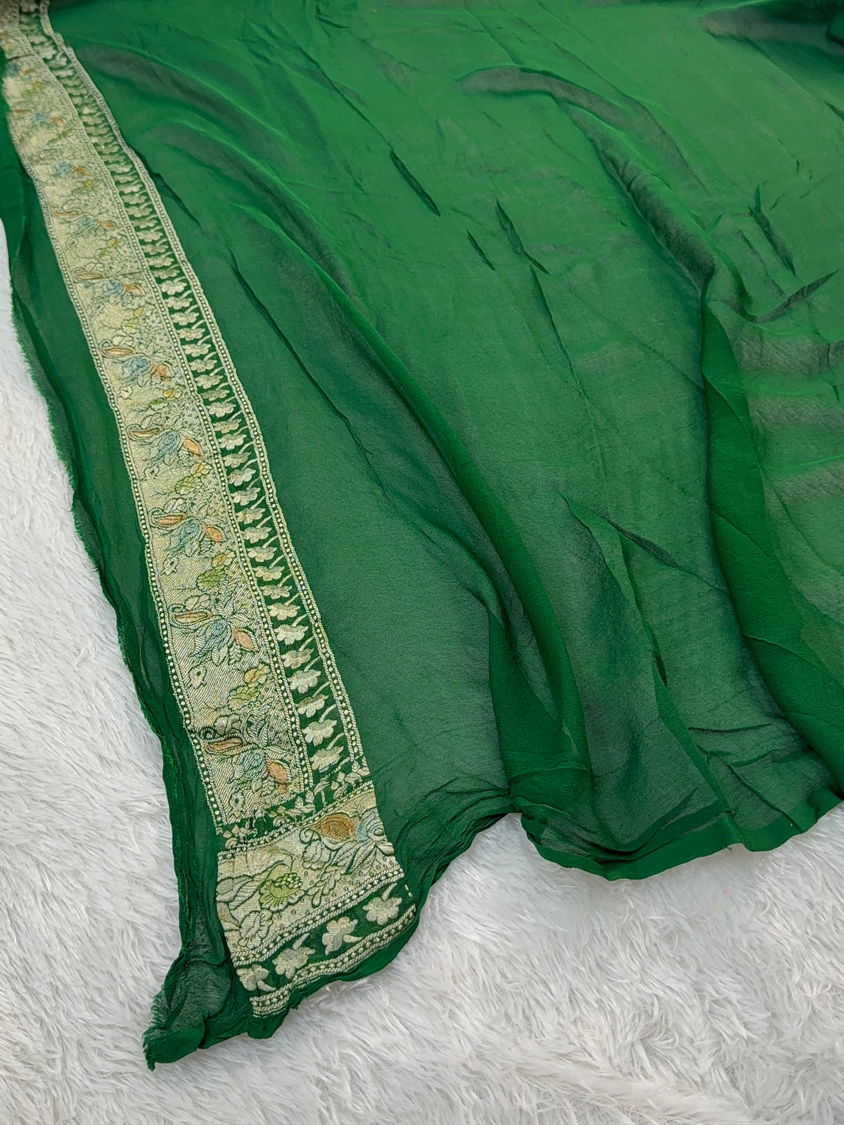 Banarasi Pure Khaddi Chiffon Saree  with Light Gold Zari Work In Floral Jaal Design with Meenakari by Handbrush in Dark Green Colour