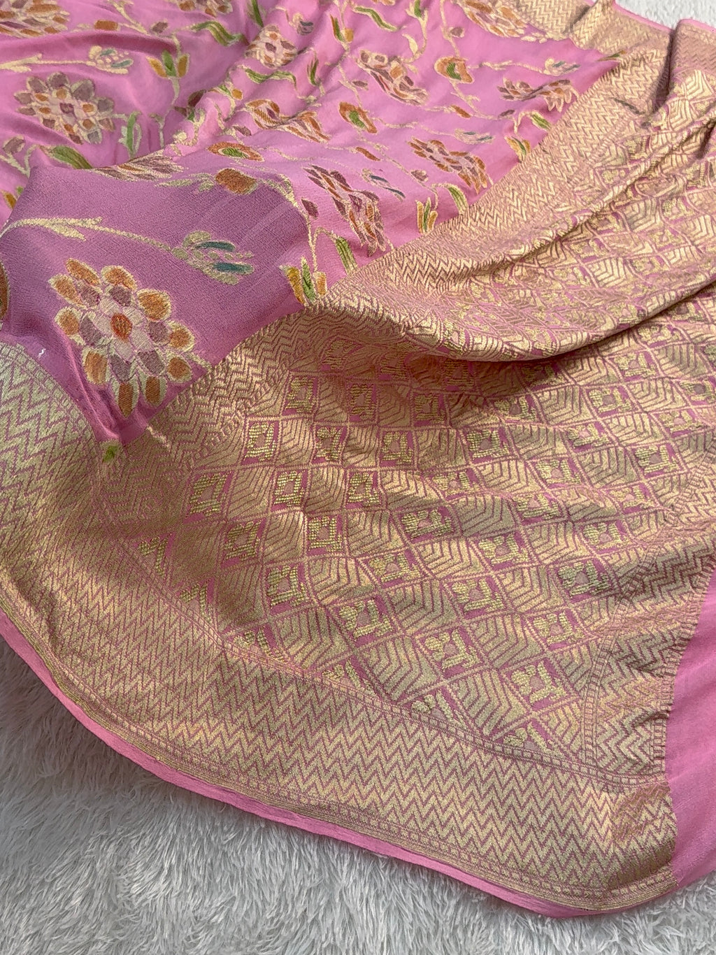 Banarasi Pure Khaddi Chiffon Saree  with Light Gold Zari Work In Floral Jaal Design with Meenakari by handbrush in Light Pink Colour