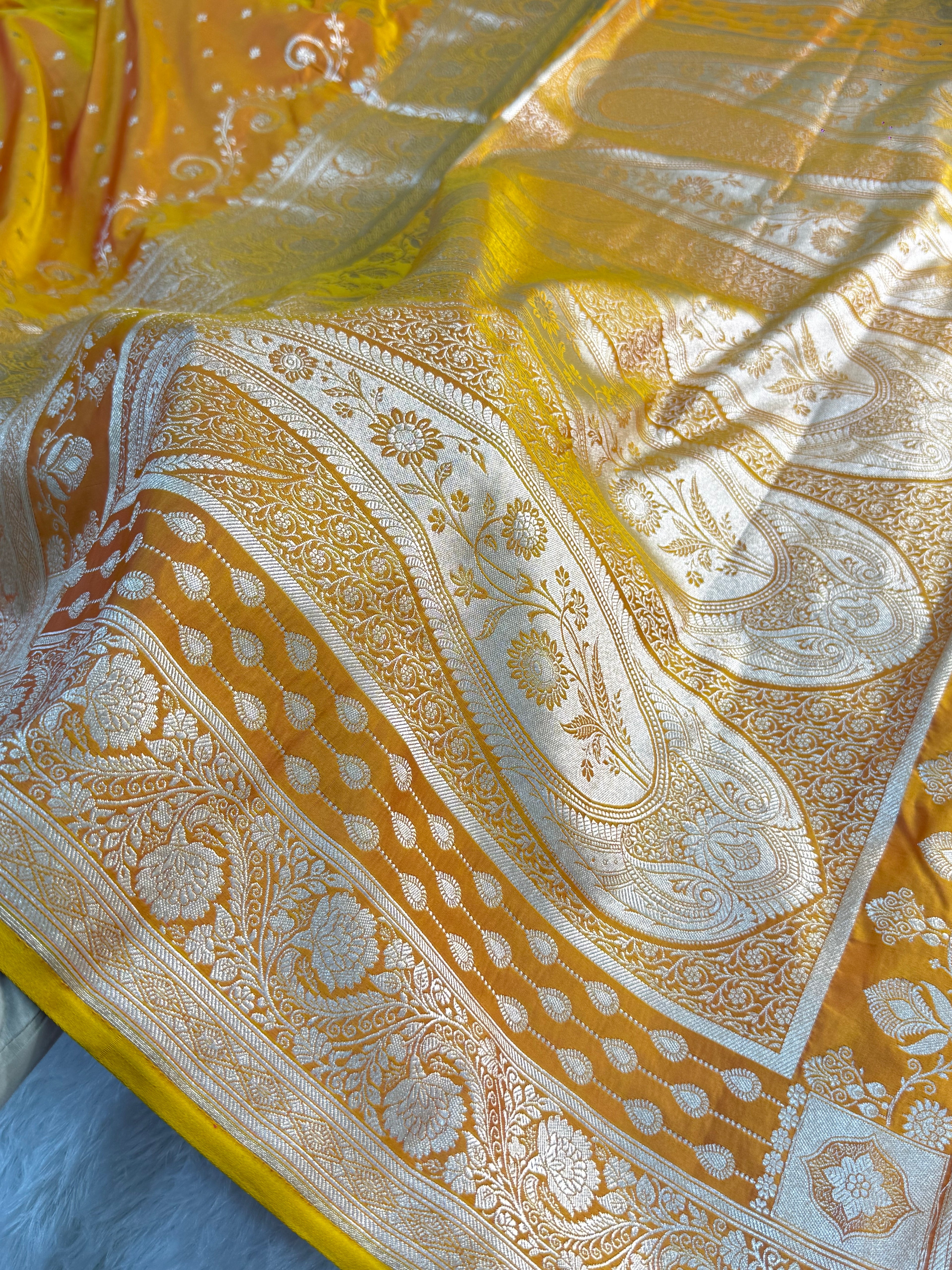 Banarasi Mashru Silk Saree Intricate Buti Design in Dual tone Mustard and Orange Colour