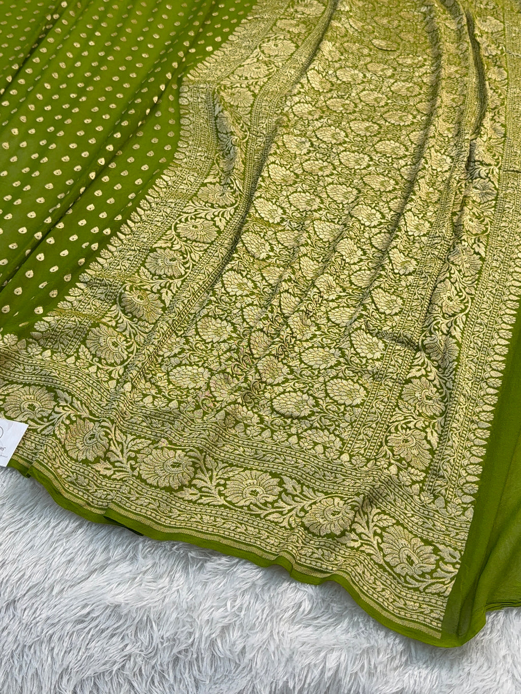 Banarasi Pure Khaddi Chiffon Saree in Border and Buti Design in Mango Green Colour