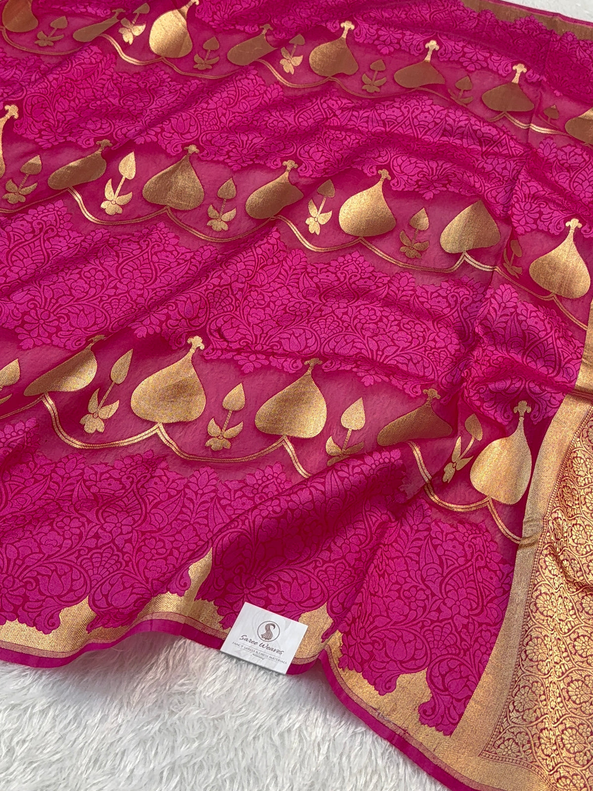 Pure Kora Silk Saree with Gold Zari weaving in Shot Rani Colour