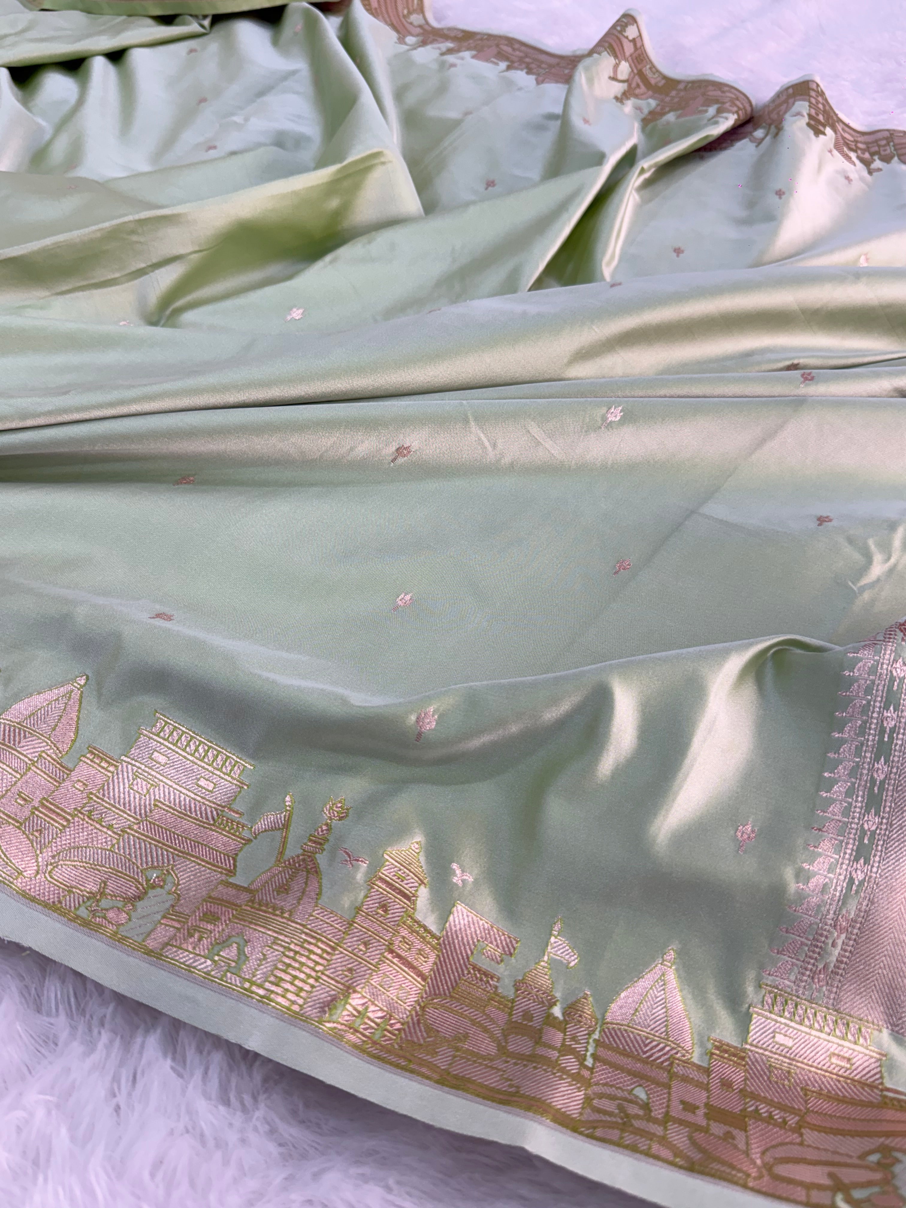 Banarasi Mashru Silk Saree with kashi ghat design in Light Pista color