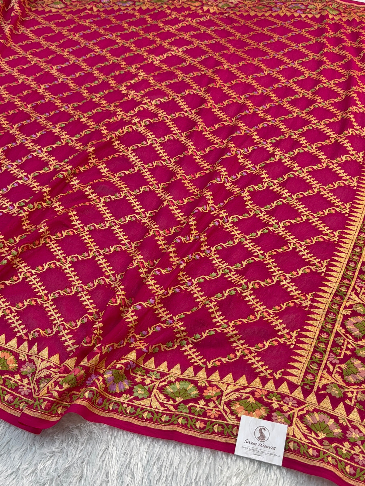 Banarasi Pure Khaddi Chiffon Saree with Meenakari Jaal Design in Rani Colour