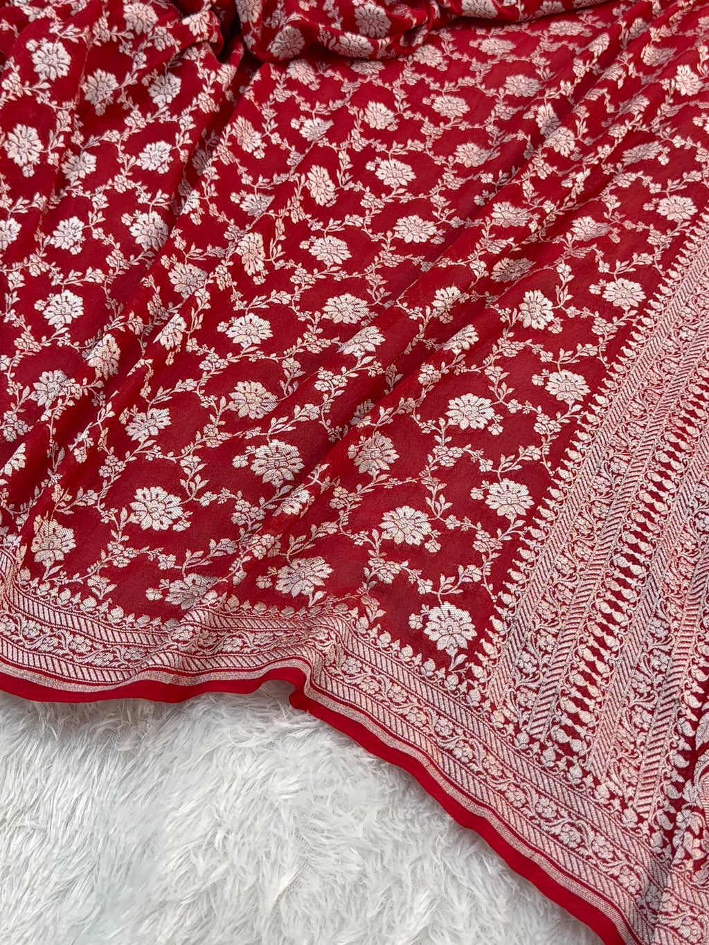 Banarasi Pure Khaddi Chiffon Saree  with Light Gold Zari Work In Floral Jaal Design in Red Colour