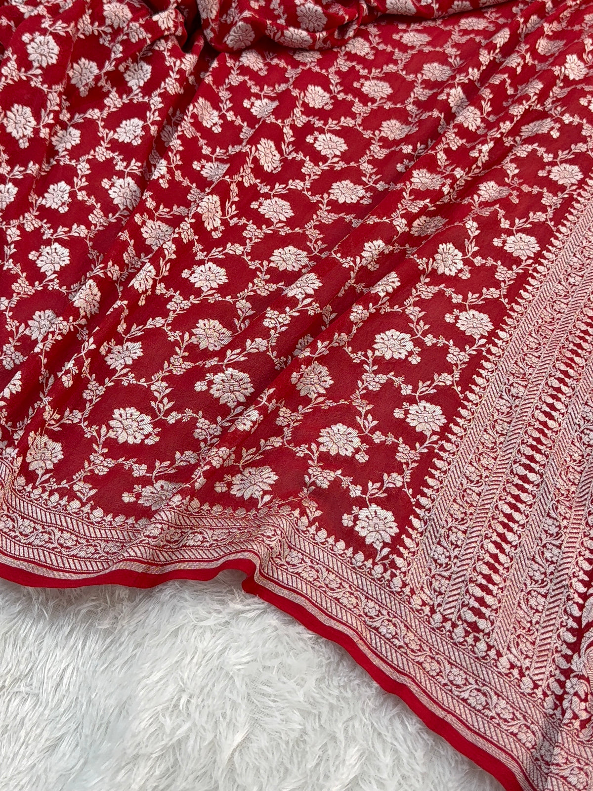 Banarasi Pure Khaddi Chiffon Saree  with Light Gold Zari Work In Floral Jaal Design in Red Colour