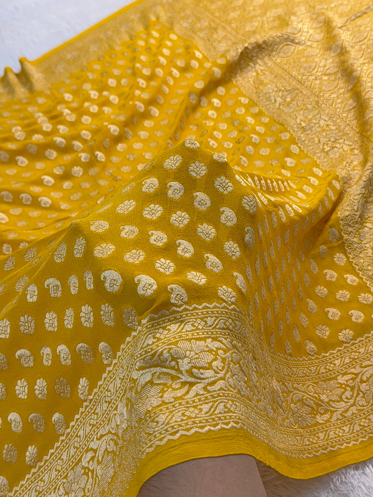 Banarasi Pure Khaddi Chiffon Saree in Border And Buti Design in Mustard Colour