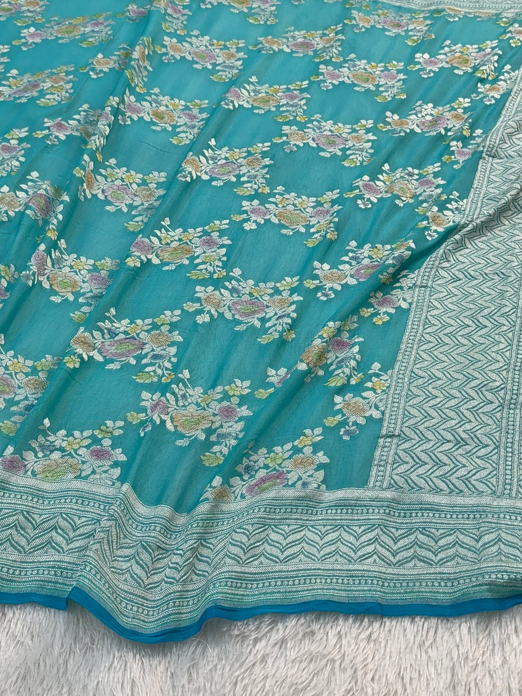 Banarasi Pure Khaddi Chiffon Saree  with Silver Zari Work In Floral Jaal Design with Meenakari by handbrush in Sea Green Colour