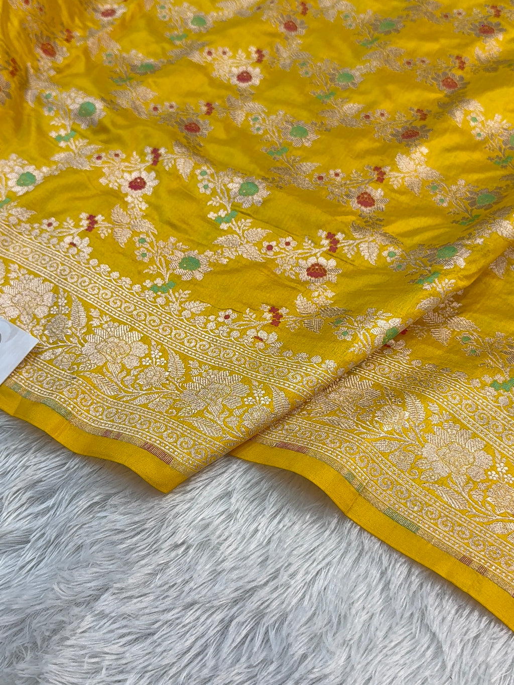Banarasi pure katan silk saree with meenakari jaal design pattern in shade of Gold Color