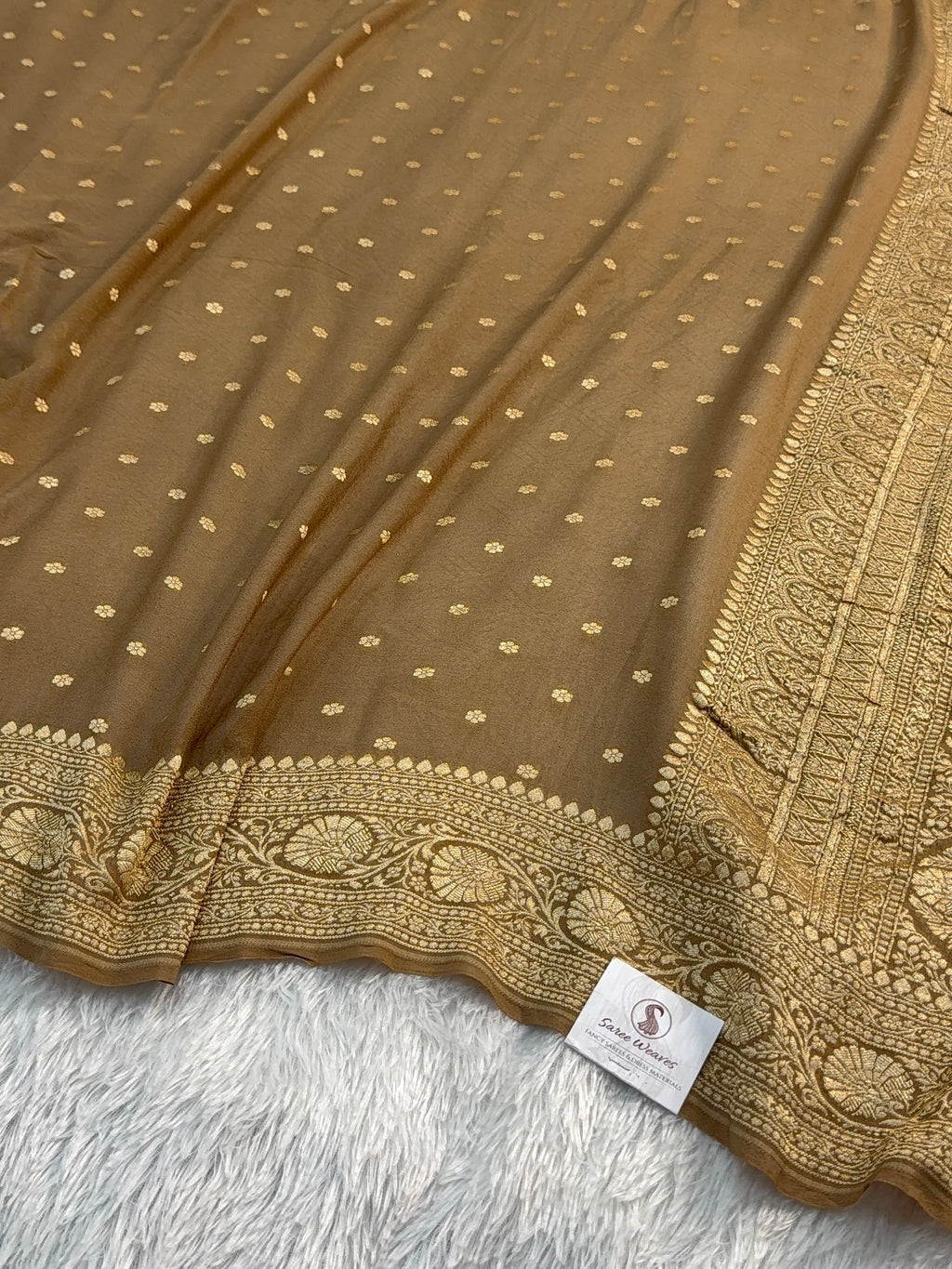 Banarasi Pure Khaddi Chiffon Saree in Border and Buti Design in Camel Brown Colour