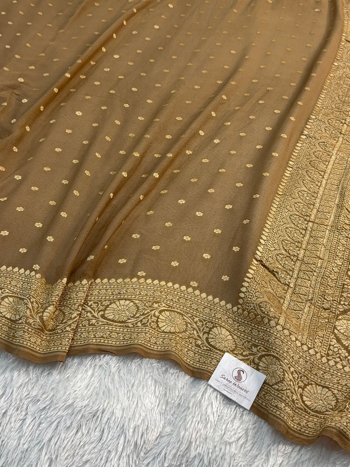 Banarasi Pure Khaddi Chiffon Saree in Border and Buti Design in Camel Brown Colour