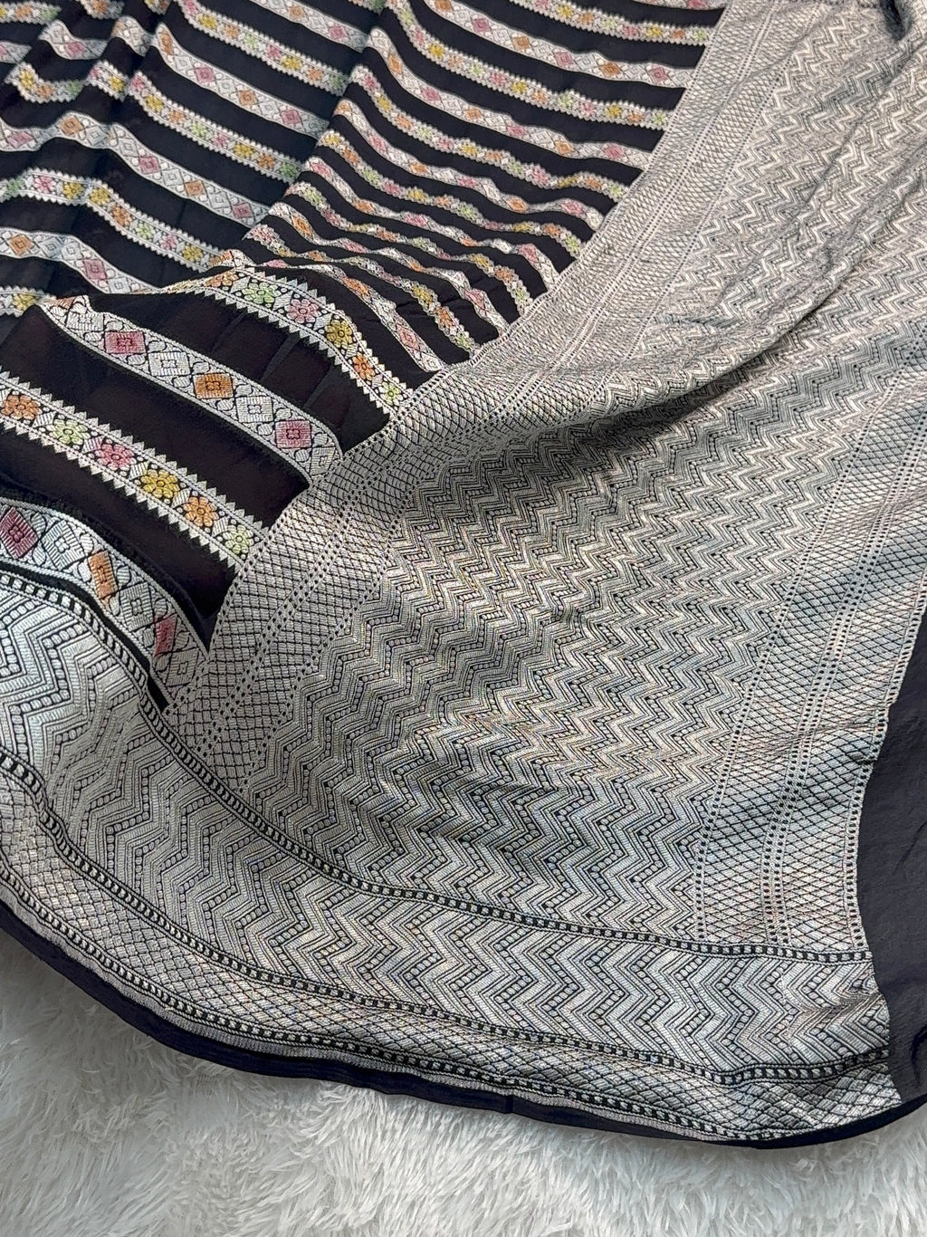 Banarasi Pure Khaddi Chiffon Saree  with Silver Zari Work In Horizontal stripes pattern Design with Meenakari by hand brush in Black Colour