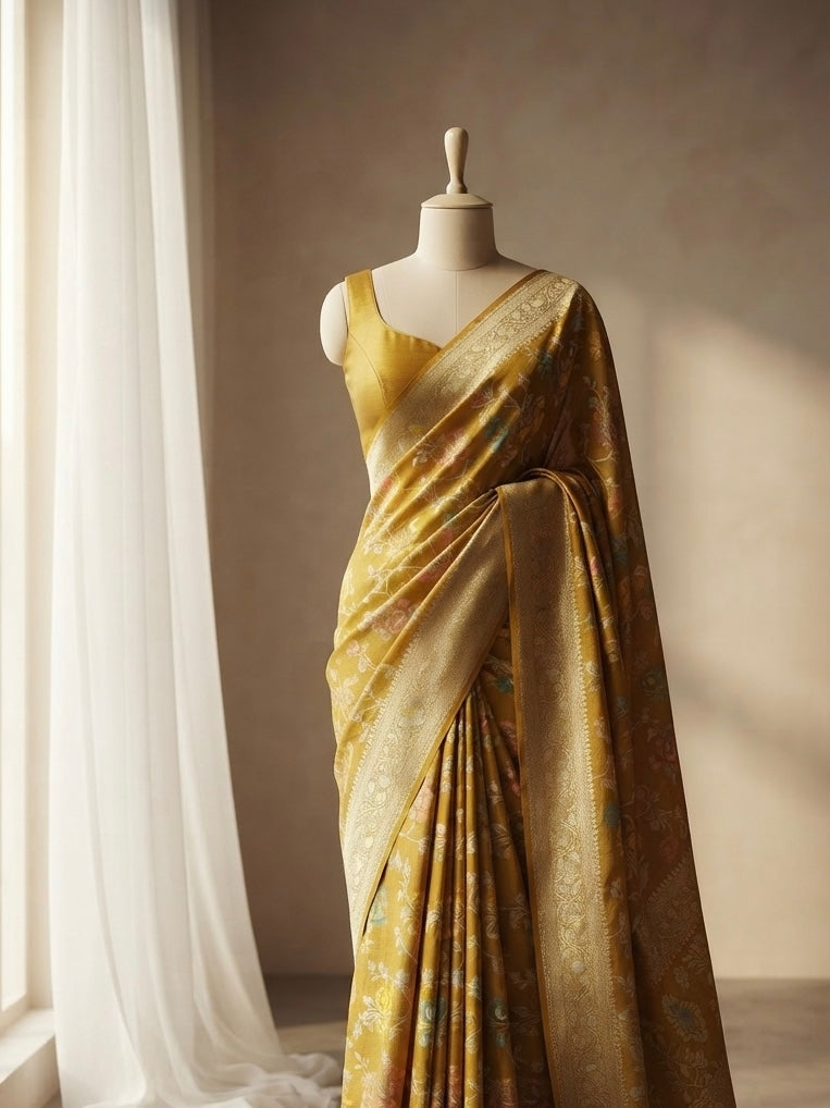 Pure Desi Tussar Silk Saree with Meenakari Floral Jaal Pattern in Yellow Color