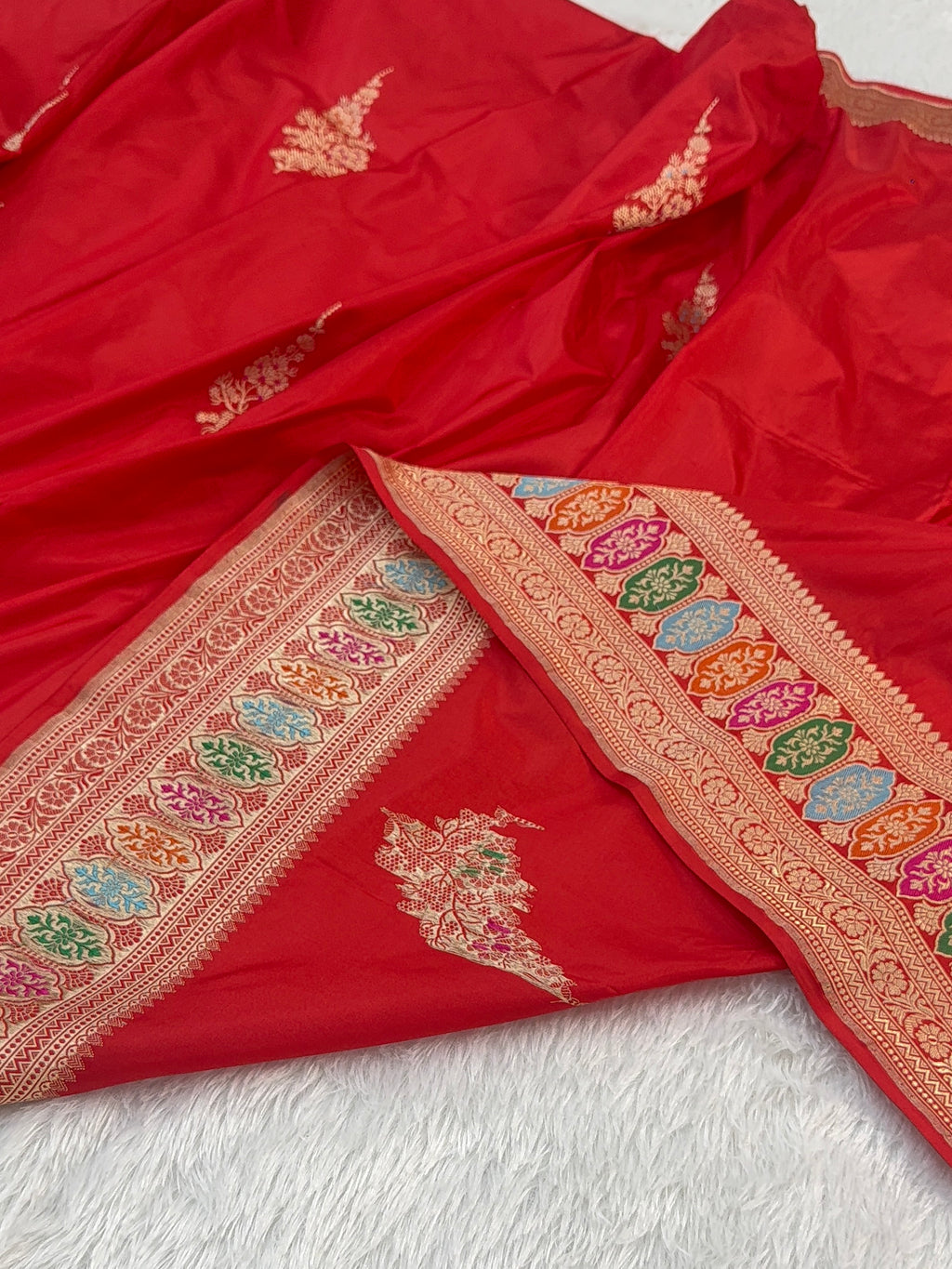 Handwoven Pure Katan Silk Saree in Large Motifs Design with Meenakari in high Percentage Zari Work in Red Colour