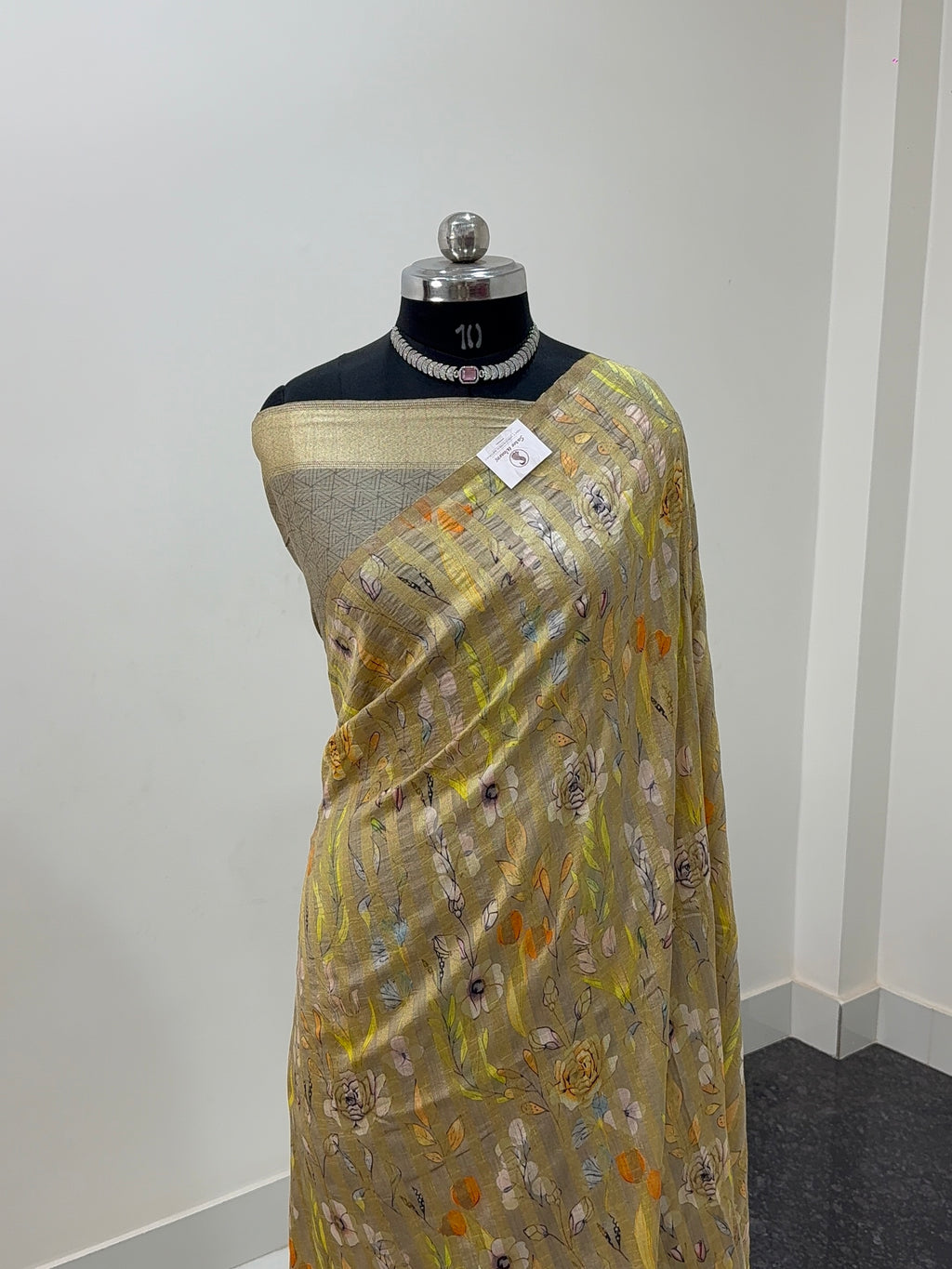 Pure Monga Silk saree with Digital Print Design and Vertical Stripes Zari Work