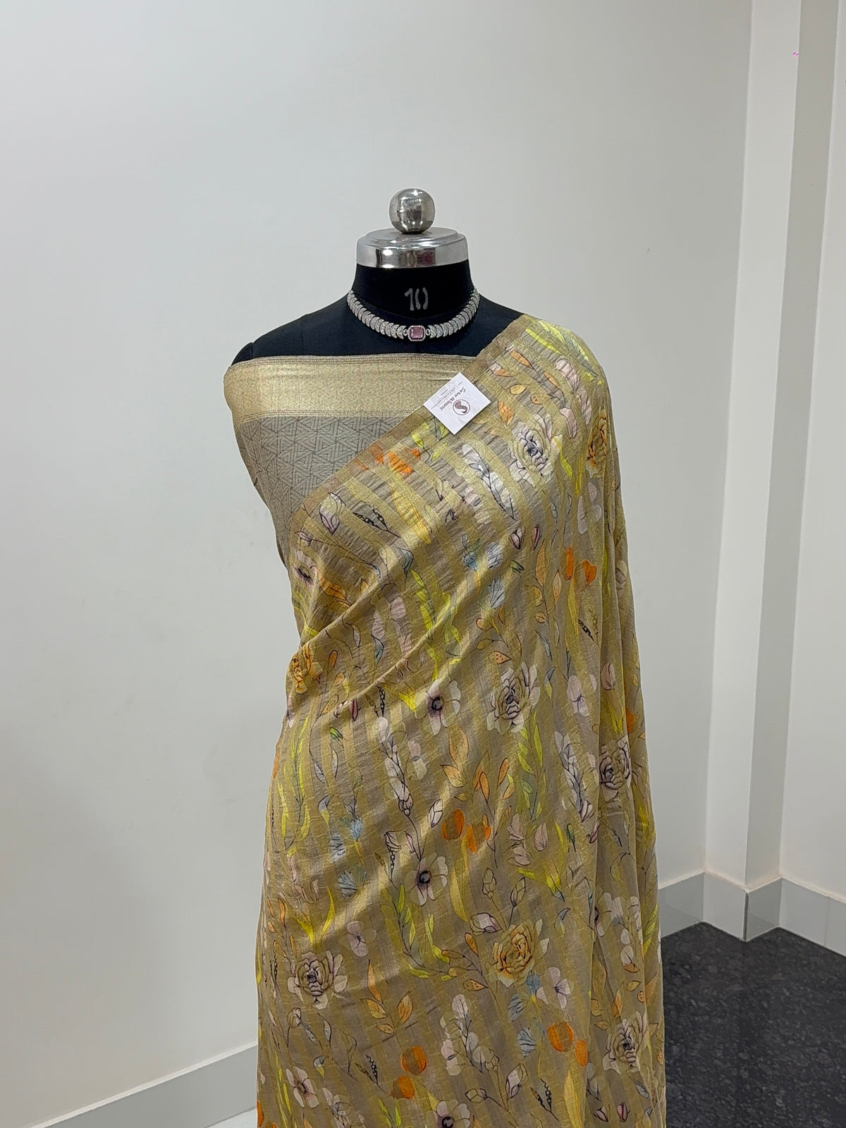 Pure Monga Silk saree with Digital Print Design and Vertical Stripes Zari Work