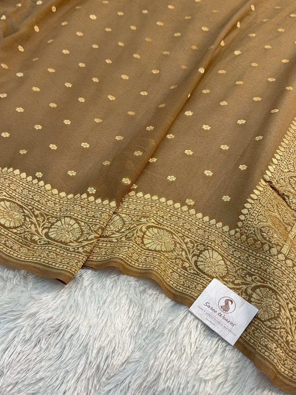 Banarasi Pure Khaddi Chiffon Saree in Border and Buti Design in Camel Brown Colour