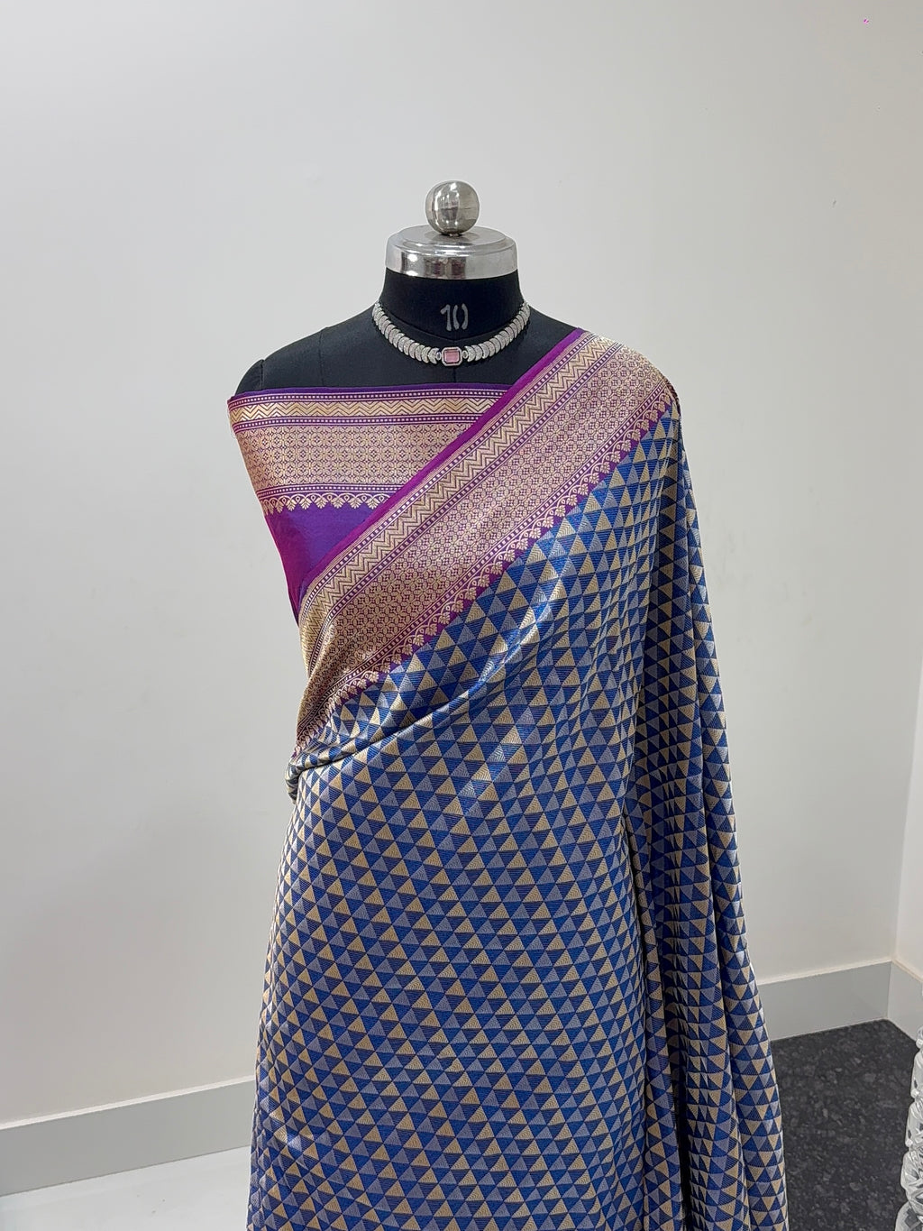 Handwoven Pure Katan Silk Saree With Silver and Gold Zari Brocade Weaving In Temple Jaal Design Pattern In Combination Of Light Blue And Navy Shade