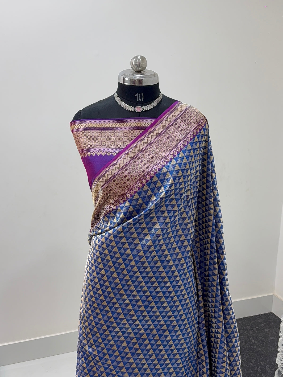 Handwoven Pure Katan Silk Saree With Silver and Gold Zari Brocade Weaving In Temple Jaal Design Pattern In Combination Of Light Blue And Navy Shade