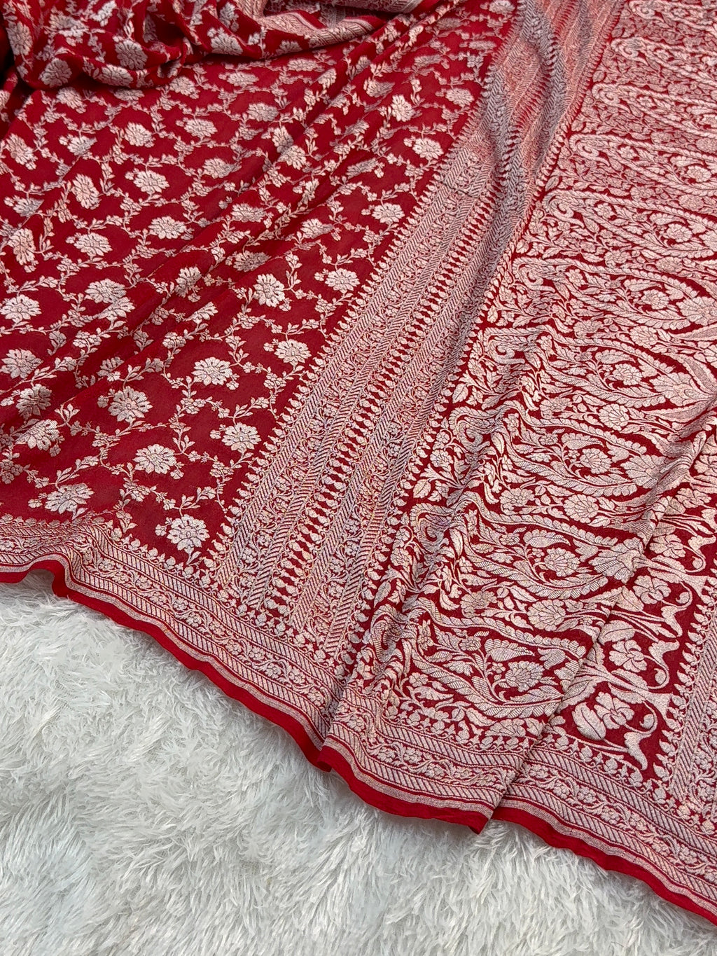 Banarasi Pure Khaddi Chiffon Saree  with Light Gold Zari Work In Floral Jaal Design in Red Colour