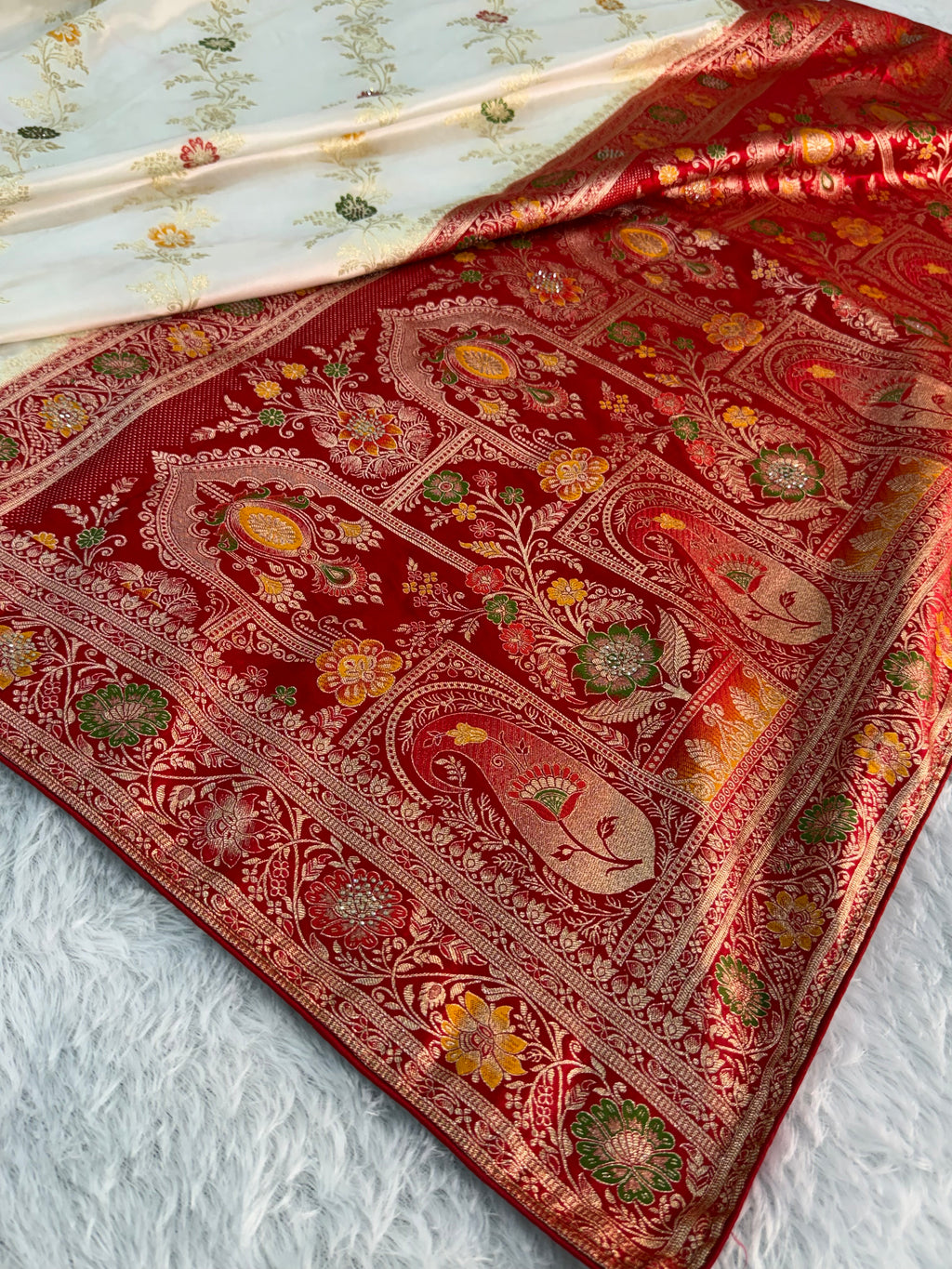 Bridal Mashru Silk Saree With Jaal Design In off white and red Colour