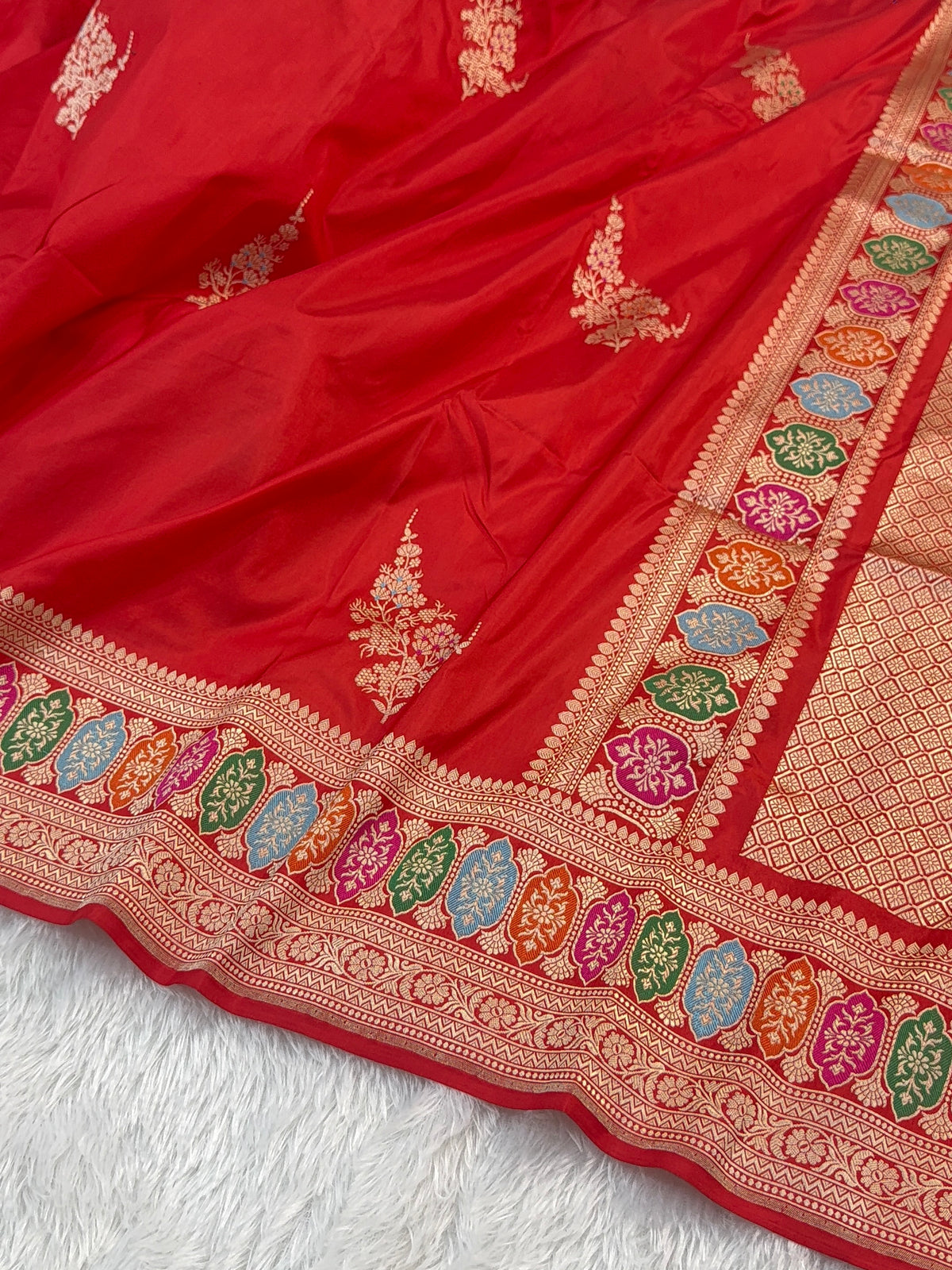 Handwoven Pure Katan Silk Saree in Large Motifs Design with Meenakari in high Percentage Zari Work in Red Colour