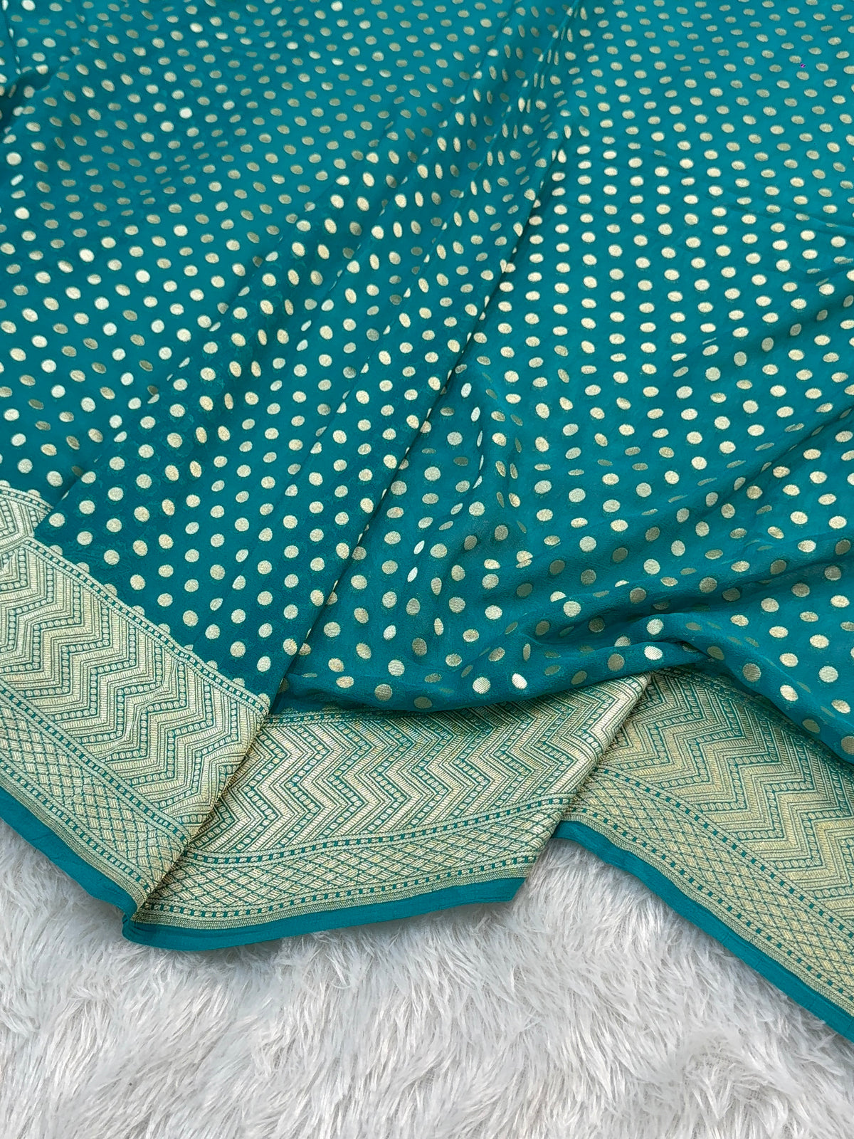 Banarasi Pure Khaddi Chiffon Saree  with Light Gold Zari Work with dot-dot Motifs Pattern Design in Sea Green Colour