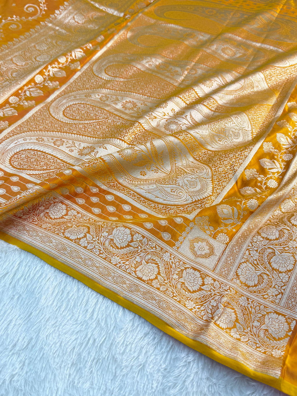 Banarasi Mashru Silk Saree Intricate Buti Design in Dual tone Mustard and Orange Colour