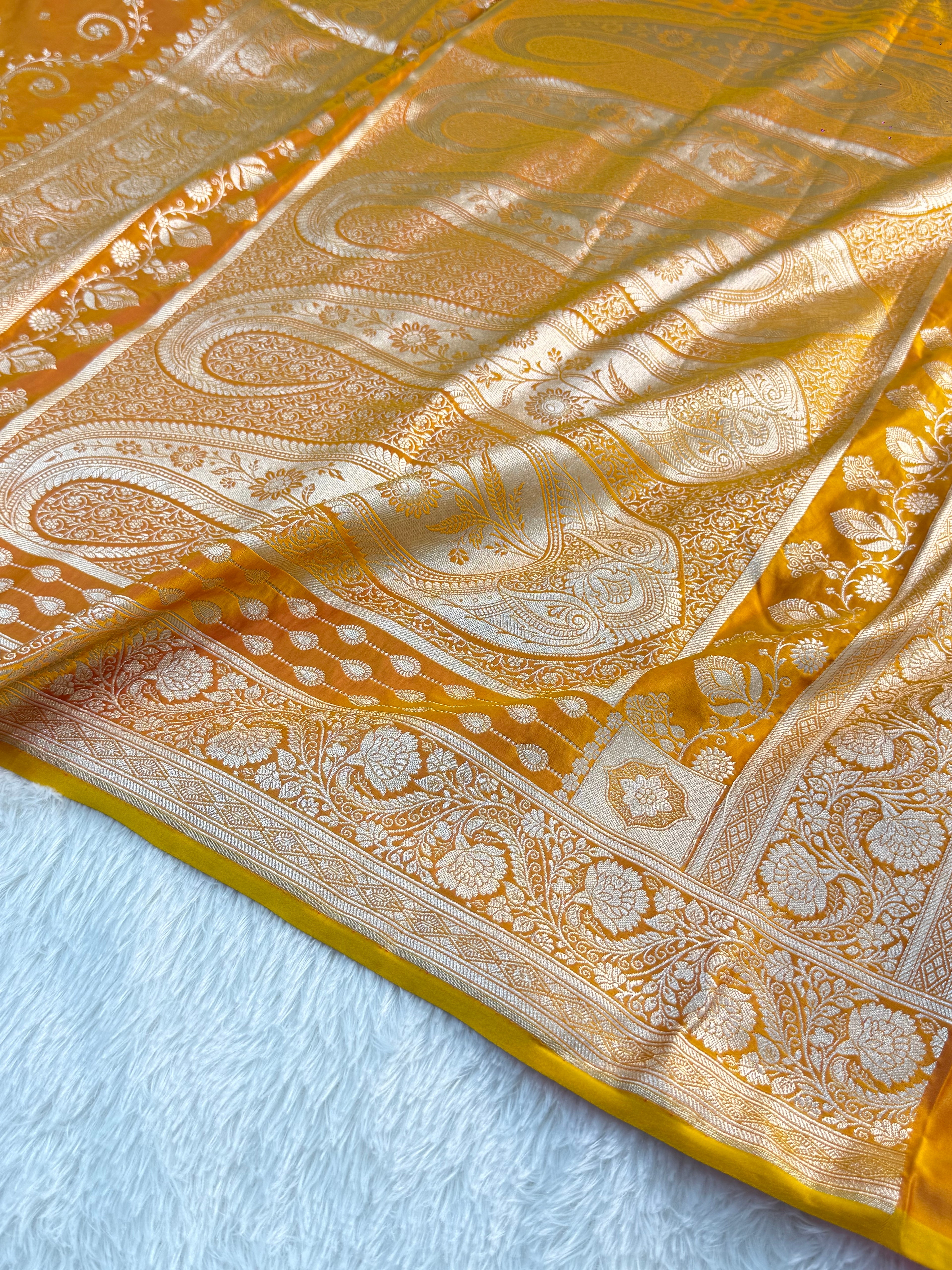 Banarasi Mashru Silk Saree Intricate Buti Design in Dual tone Mustard and Orange Colour