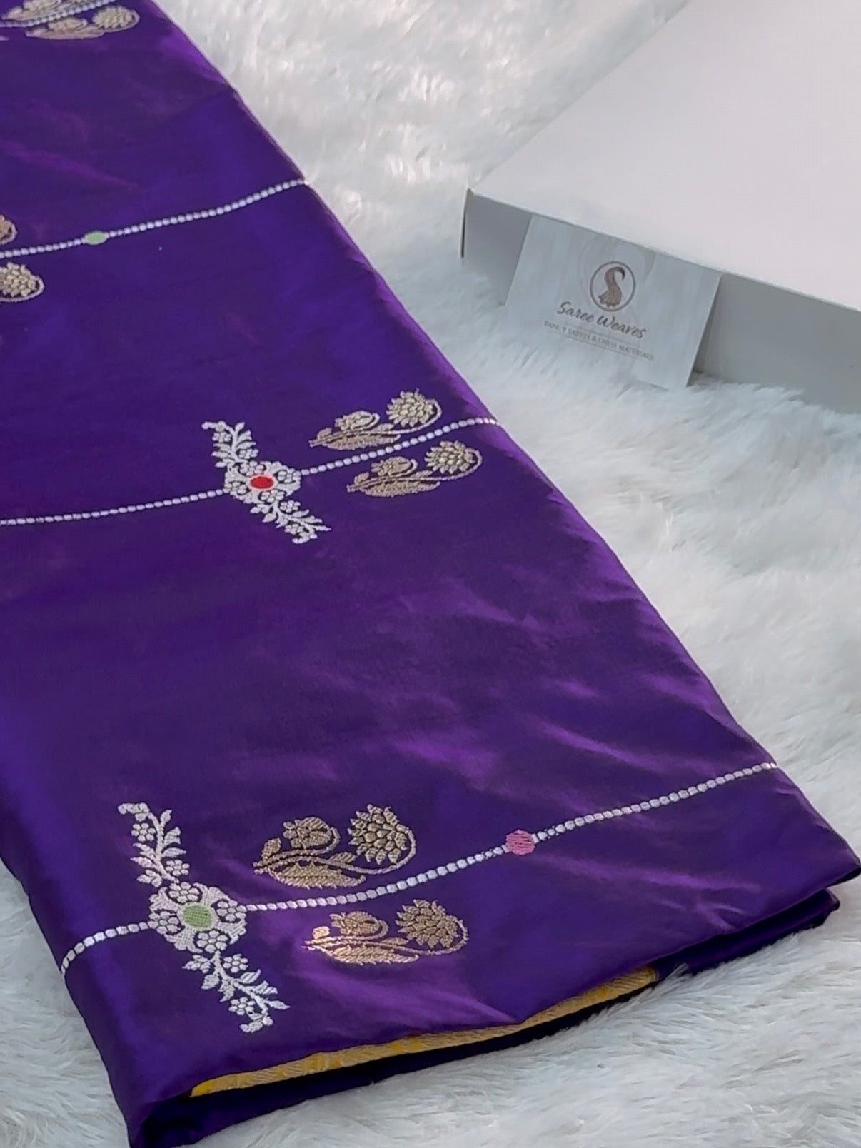 Banarasi pure katan silk saree in Magenta color with Yellow border in vertical Buta stripes, Light gold Zari coated with pure silver