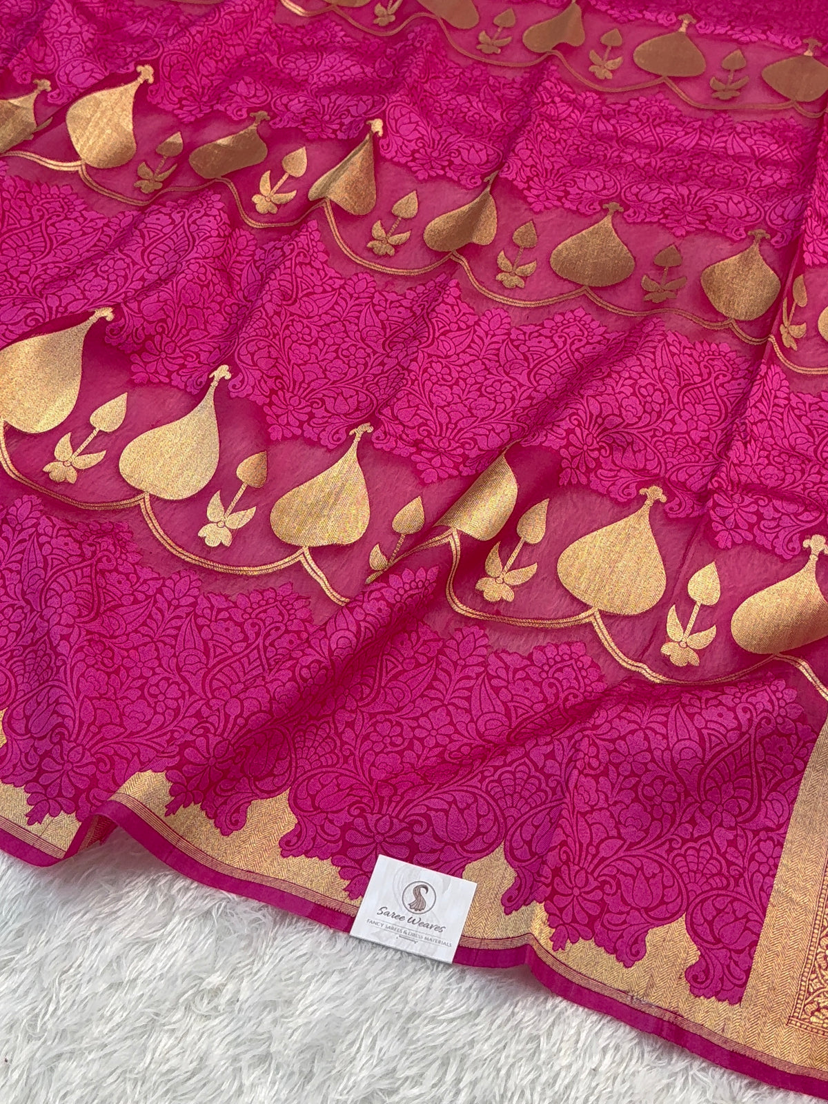 Pure Kora Silk Saree with Gold Zari weaving in Shot Rani Colour