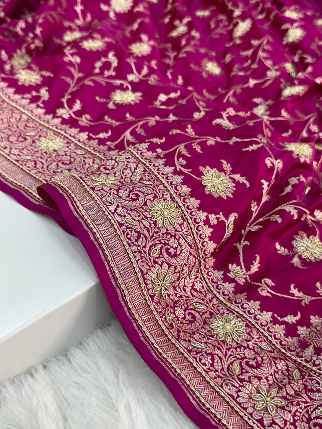 Mashru Bridal saree in Rani color shade with Art of handwork
