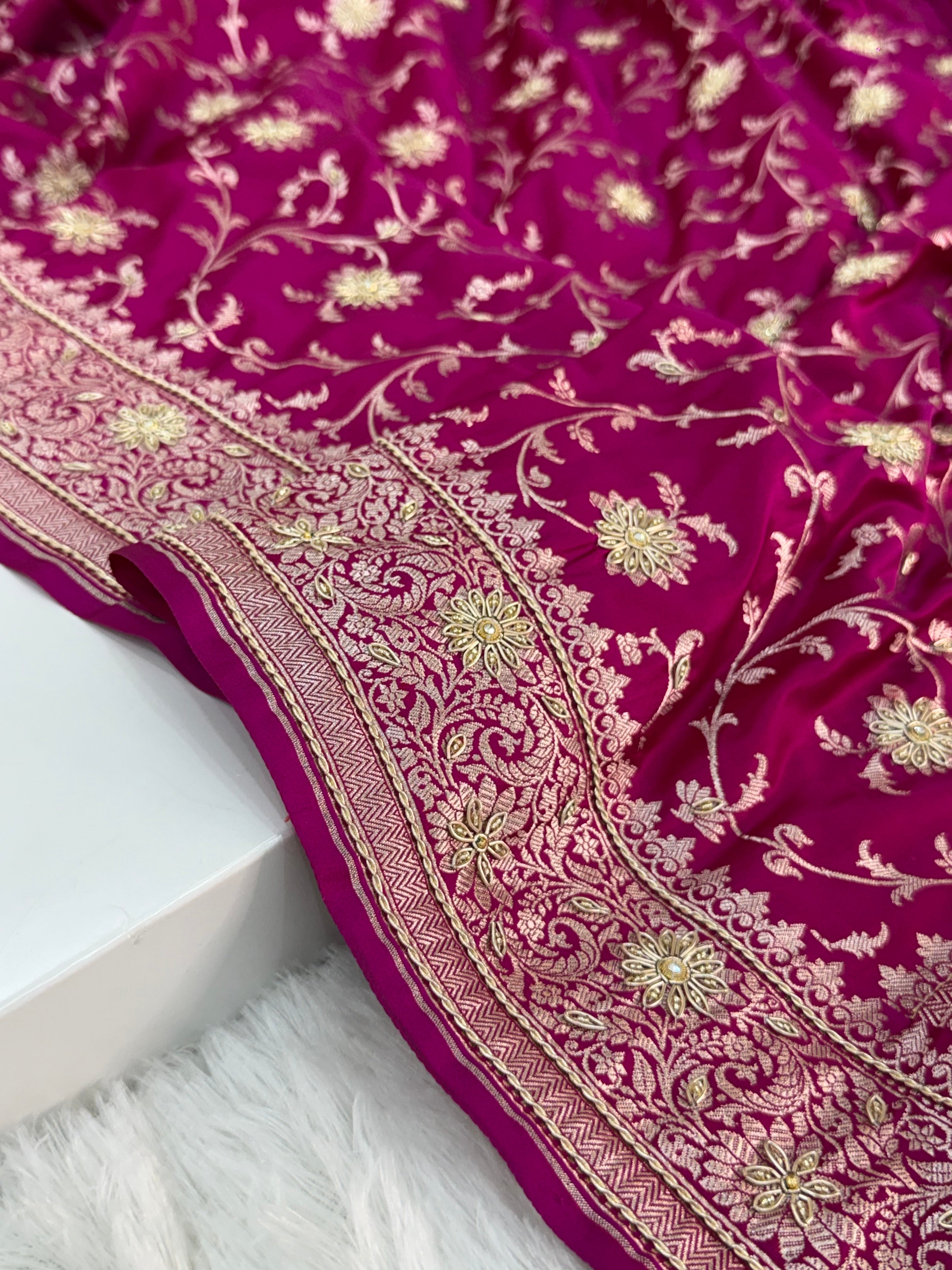 Mashru Bridal saree in Rani color shade with Art of handwork