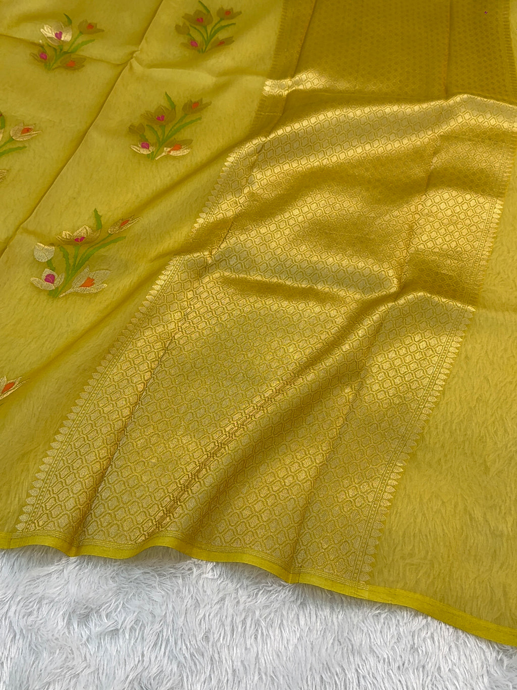 Pure Kora Silk Saree with Gold Zari and Meenakari Floral Motif Design in Yellow Colour