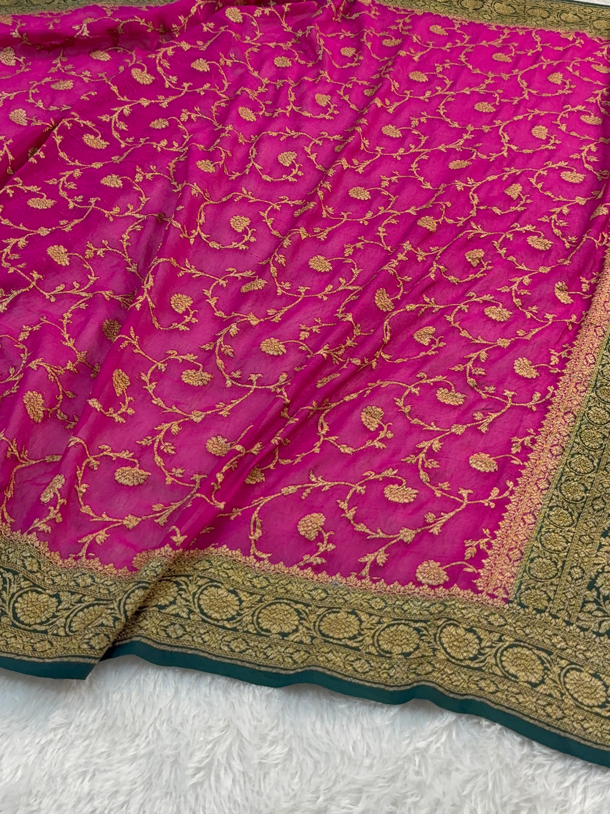 Banarasi Pure Khaddi Chiffon Saree  with Antique Zari Work In Floral Jaal Design in Shot Rani Colour