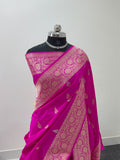 Handwoven pure katan silk saree with interlock weaving motifs with intricate silver and gold zari in a Rani Pink colour