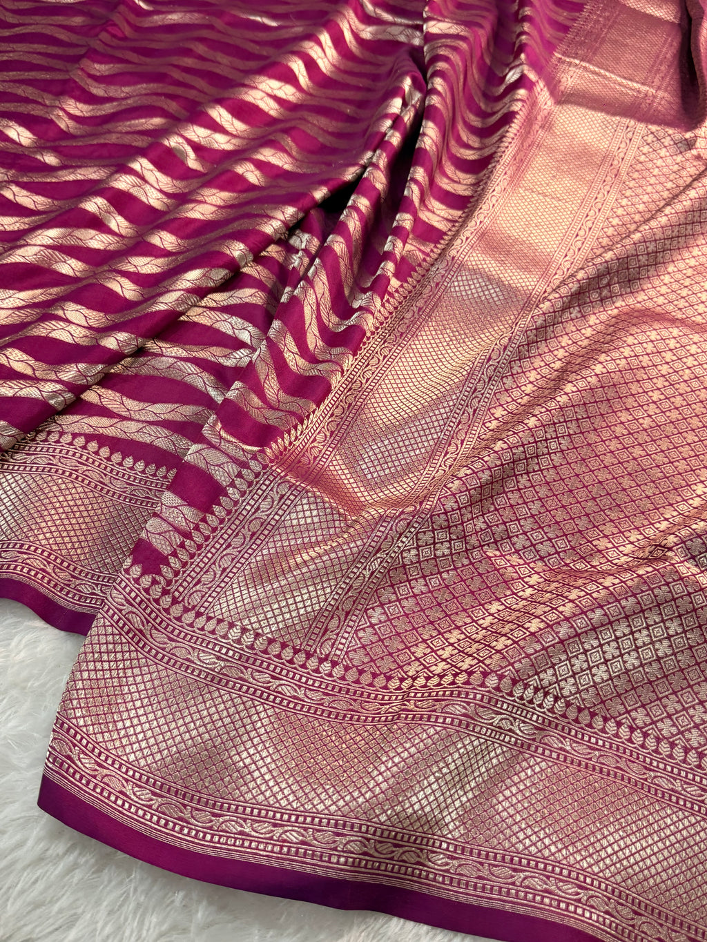 Banarasi pure katan silk saree in wine color with vertical stripes, Light gold Zari coated with pure silver